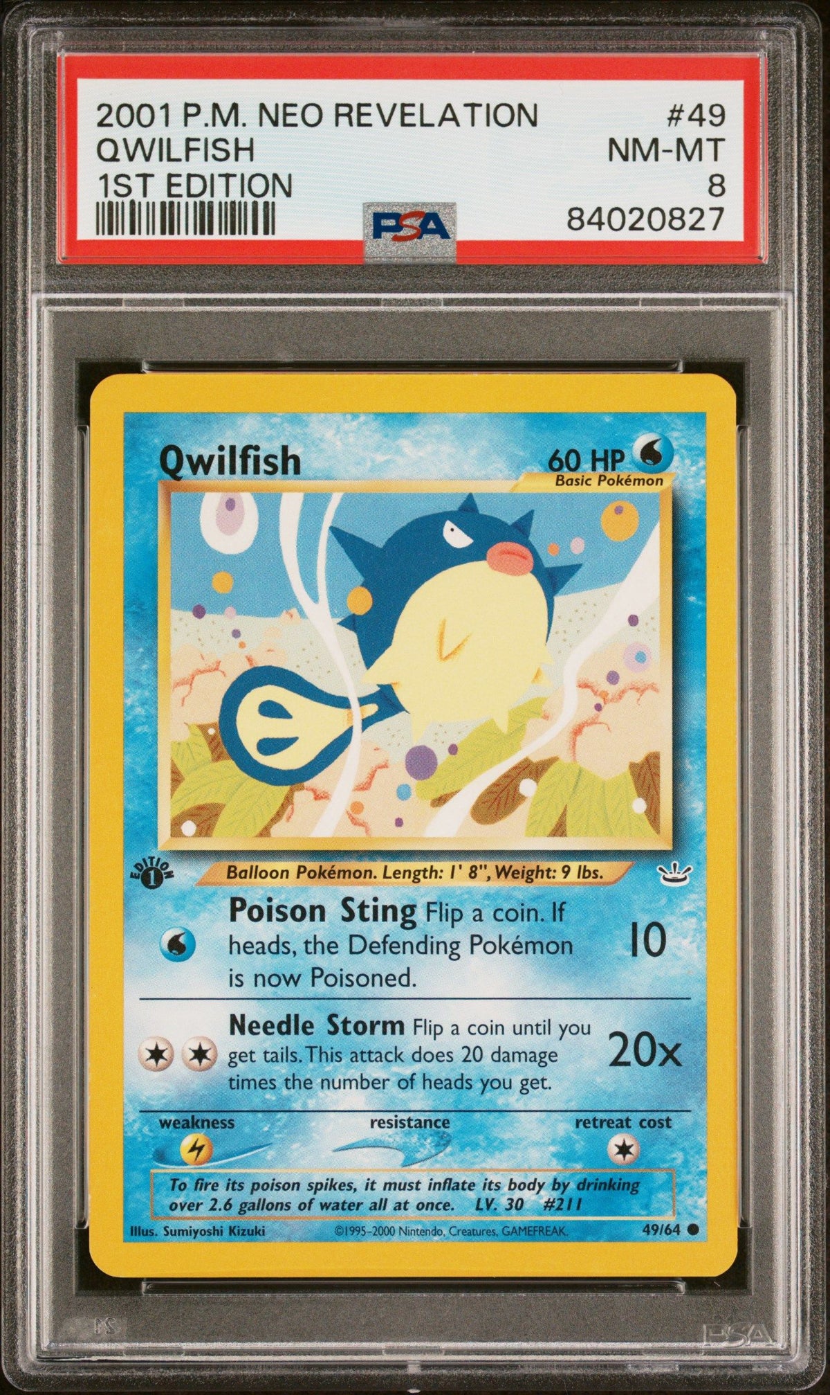 2001 Pokemon Neo Revelation 1st Edition Qwilfish 1st Edition PSA 8