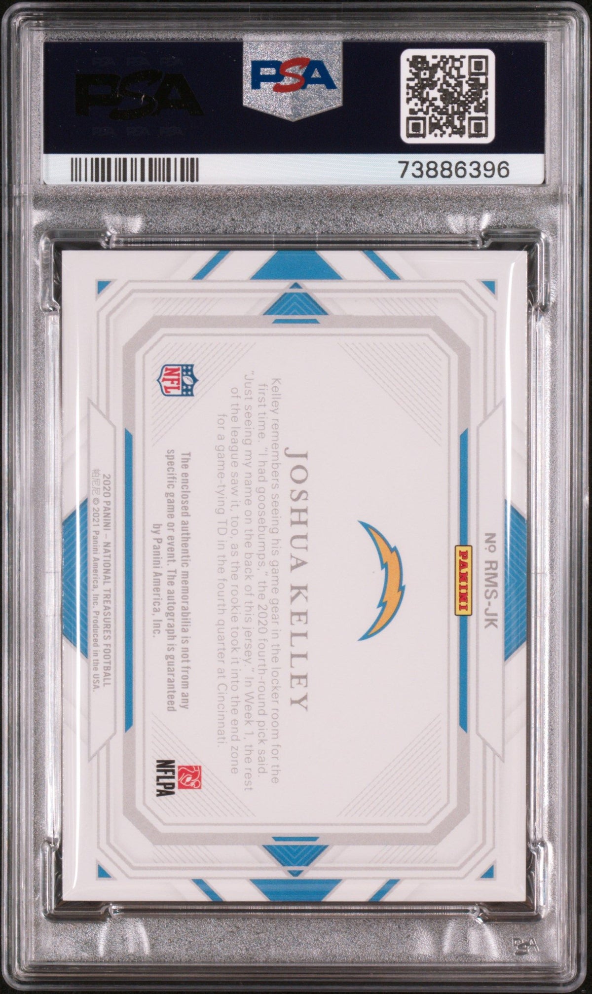 2020 Panini National Treasures Joshua Kelley Rookie Material Signatures PSA 10