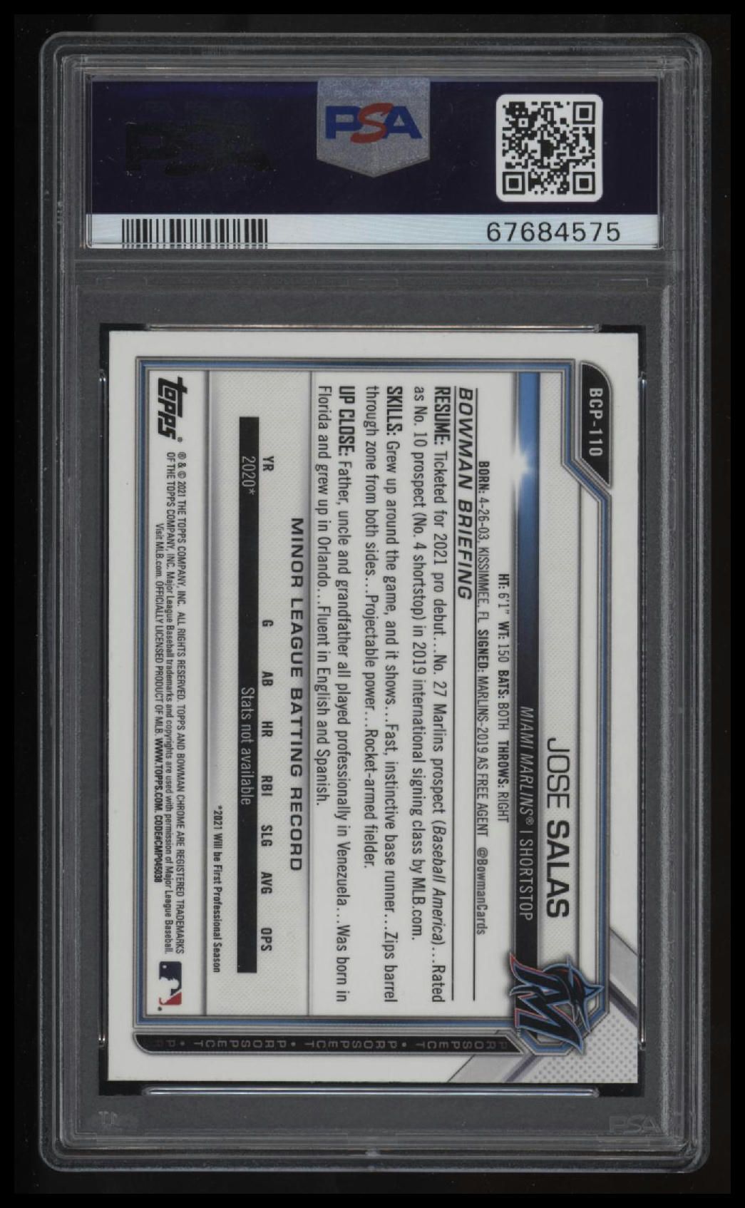 2021 Bowman Sapphire Edition Chrome Prospects #BCP110 Jose Salas PSA 10