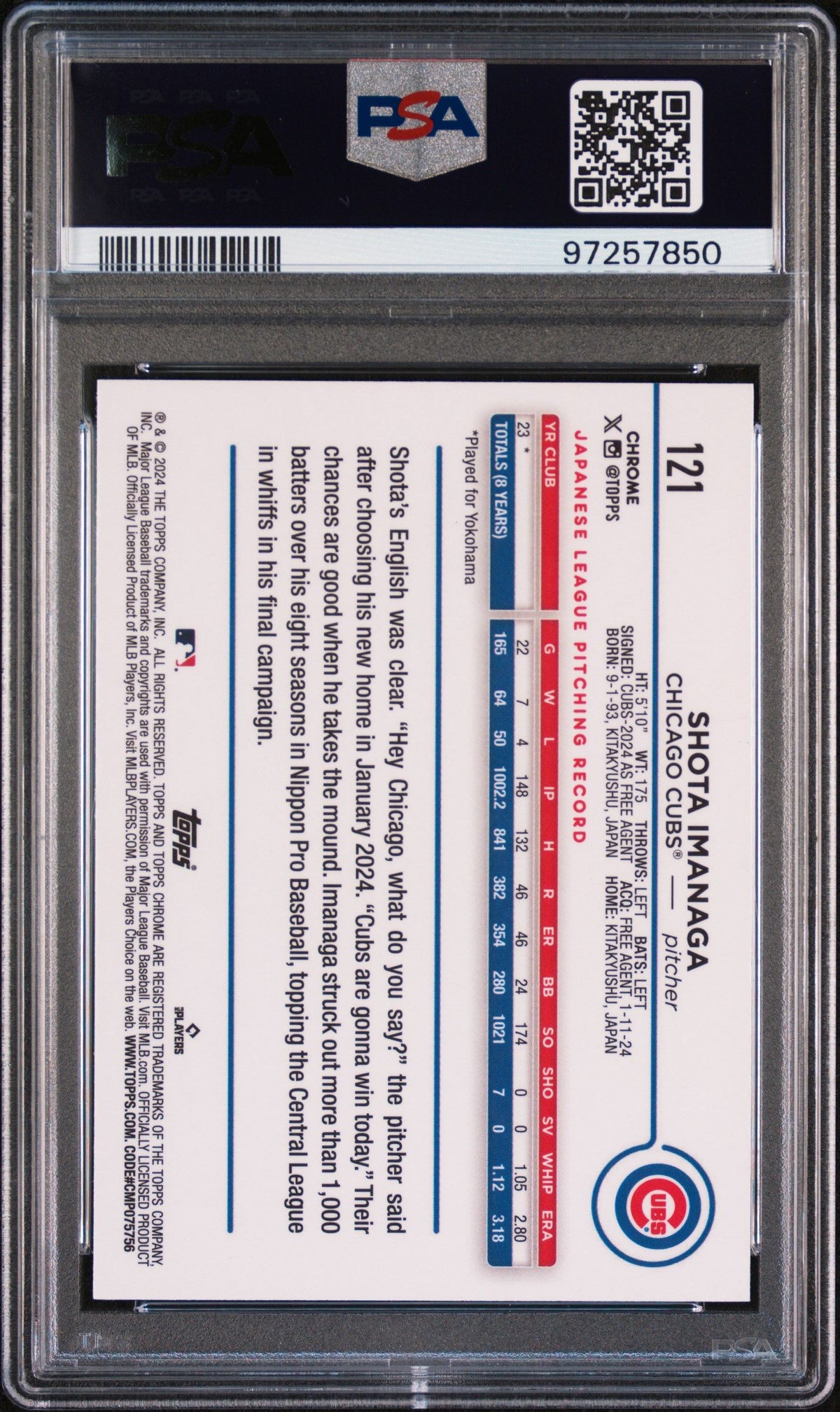 2024 Topps Chrome Shota Imanaga Lightboard Logo PSA 10