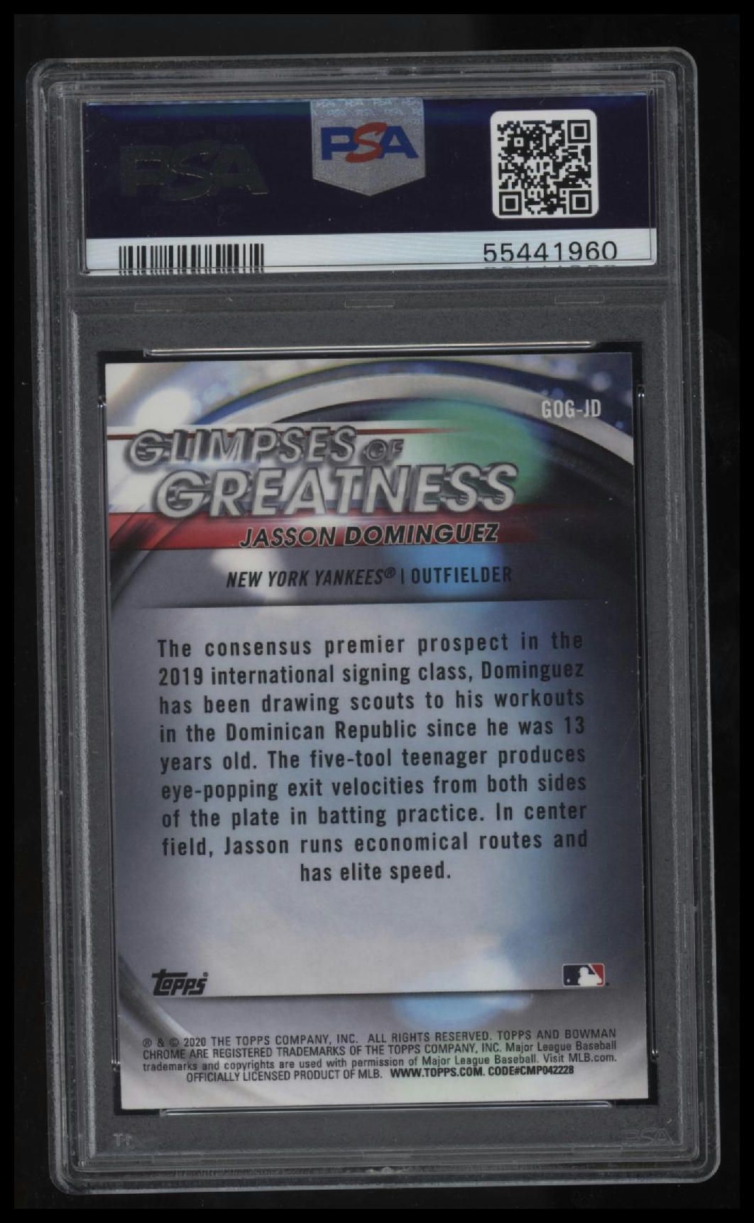 2020 Bowman Draft Glimpses Of Greatness #GOGJD Jasson Dominguez PSA 10