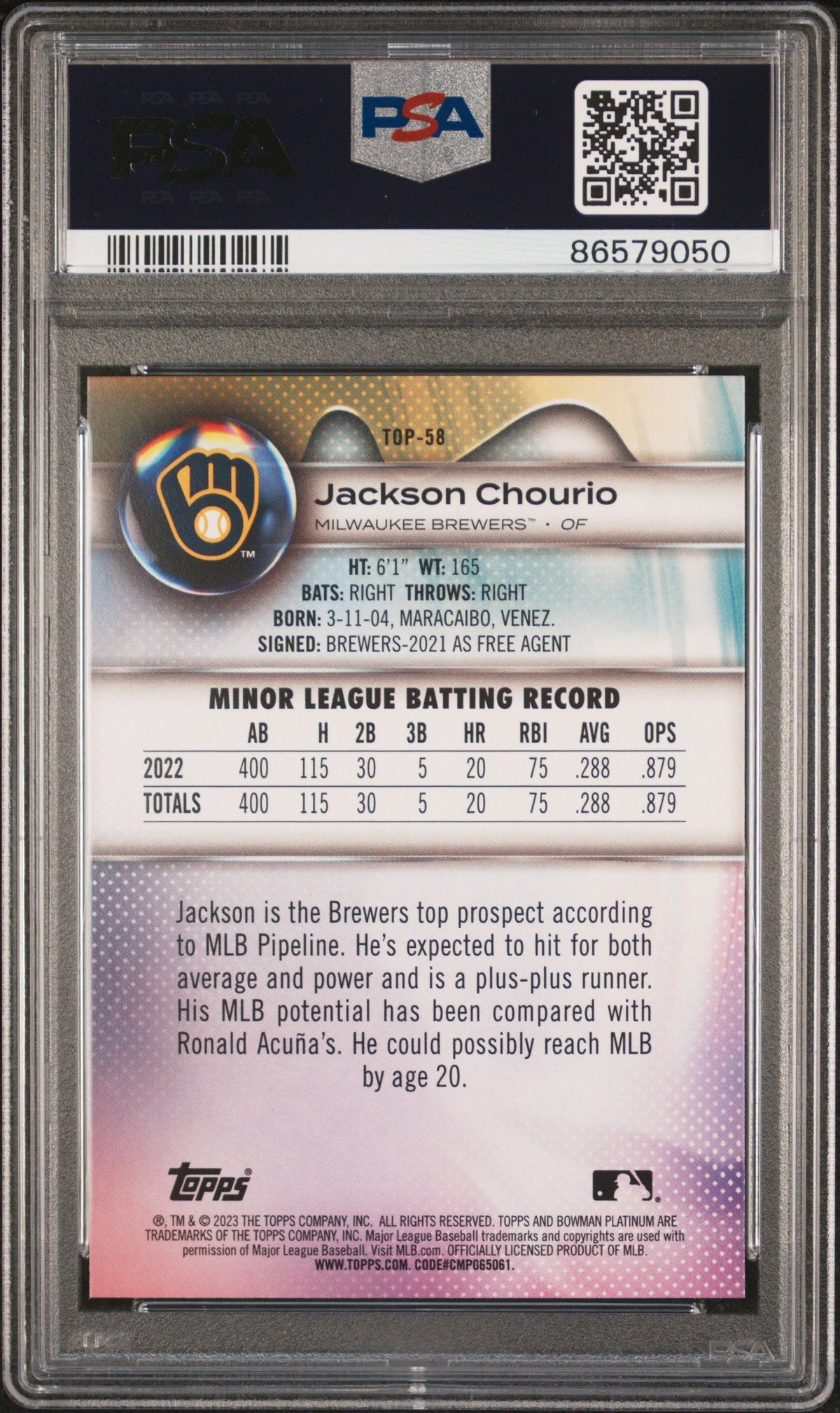 2023 Bowman Platinum #TOP58 Jackson Chourio Top Prospects-Ice Foil PSA 10