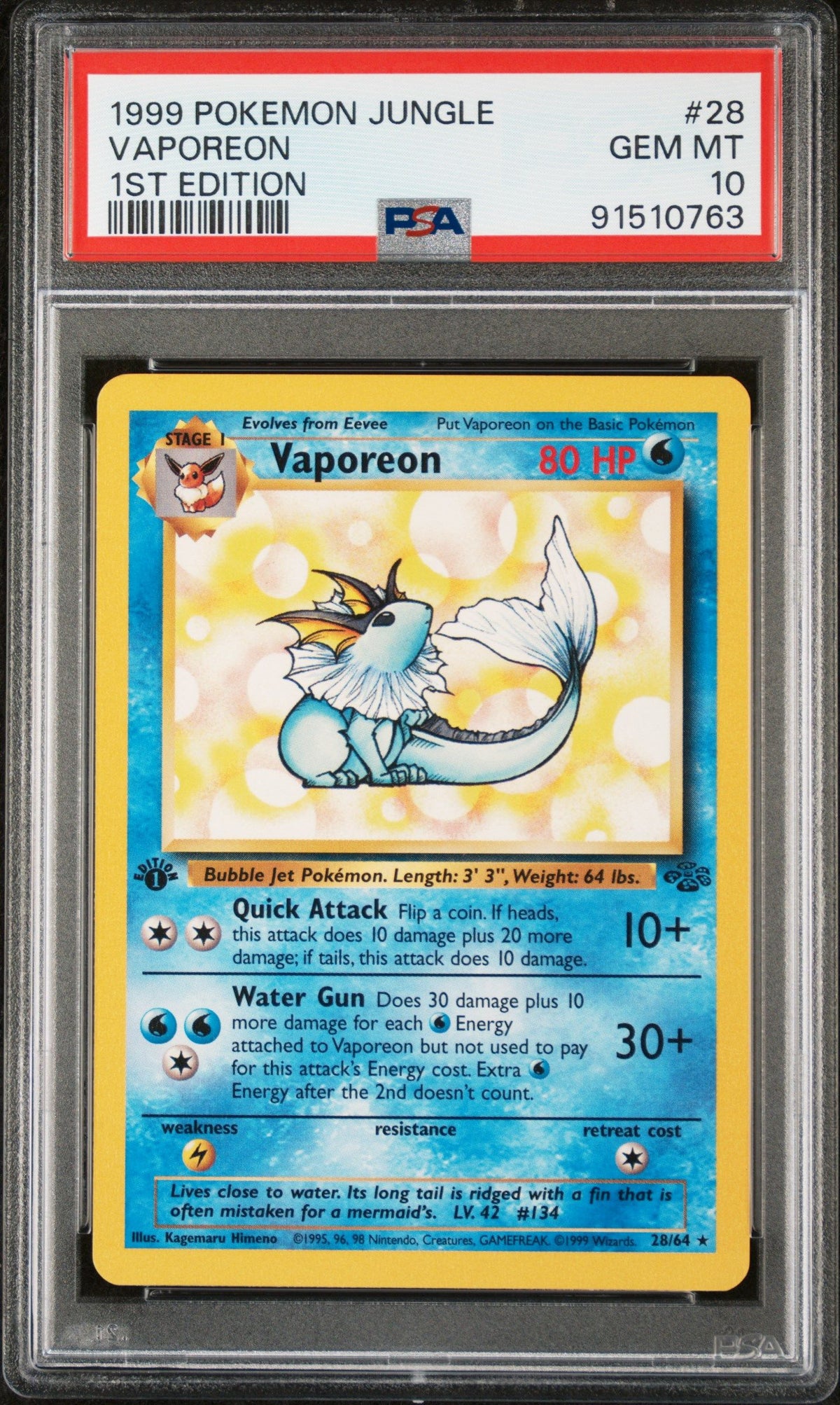 1999 Pokemon Jungle Vaporeon 1st Edition PSA 10