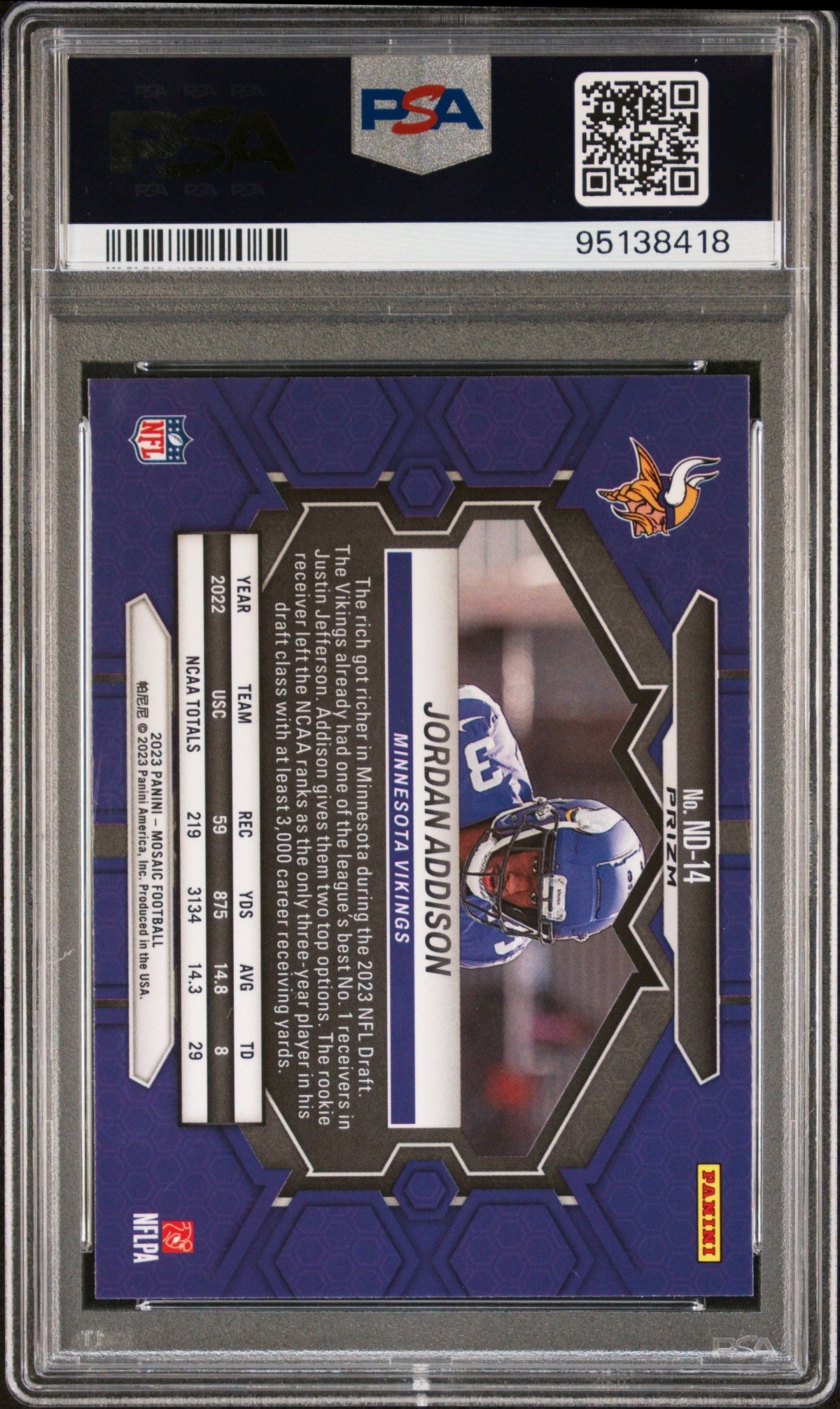 2023 Panini Mosaic Nfl Debut Jordan Addison Nfl Debut-Genesis PSA 10