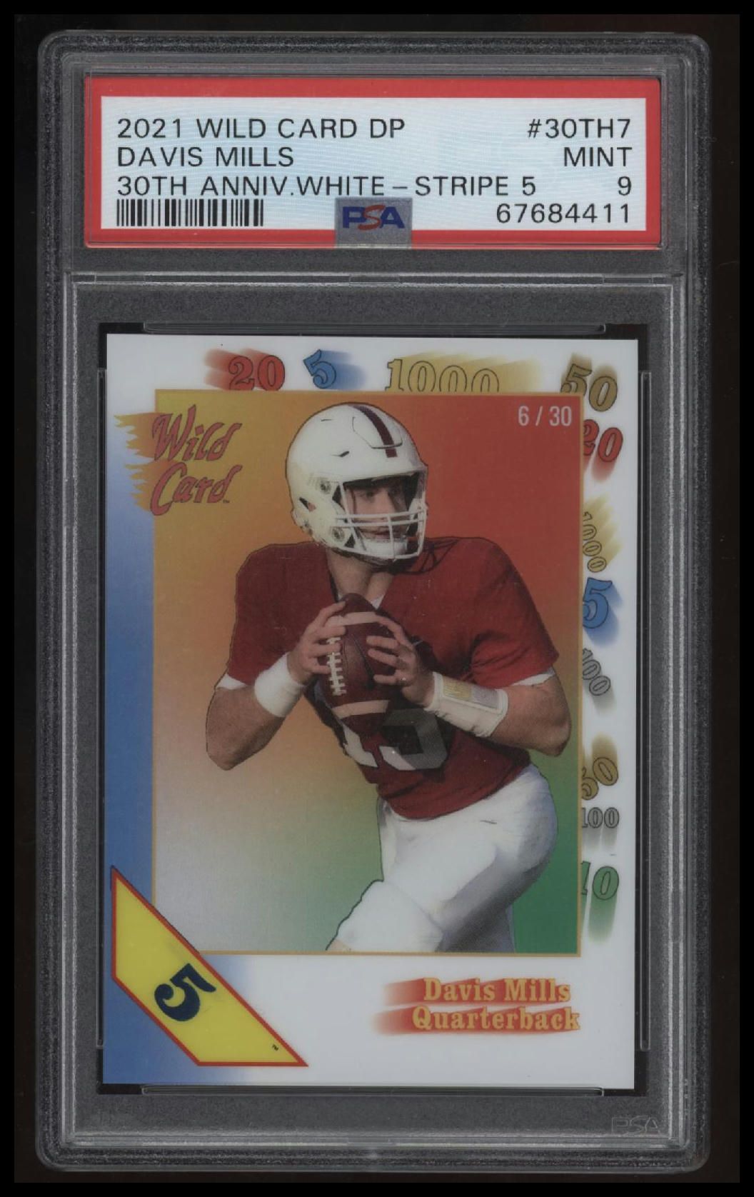 2021 Wild Card Draft 30th Anniversary Davis Mills 30th White-Stripe 5 PSA 9