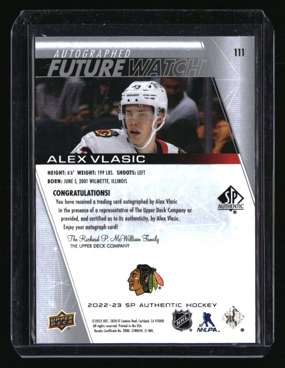 2022-23 SP Authentic Alex Vlasic Future Watch Autographed Inscribed #/999