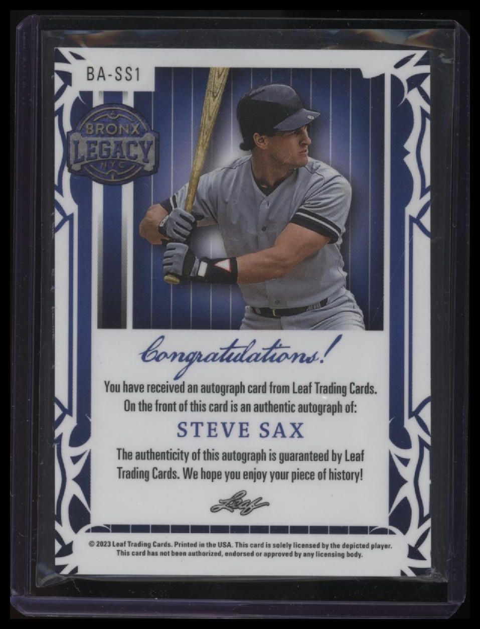 2023 Leaf #ba-ss1 Steve Sax Auto #/12 Bronx Legacy