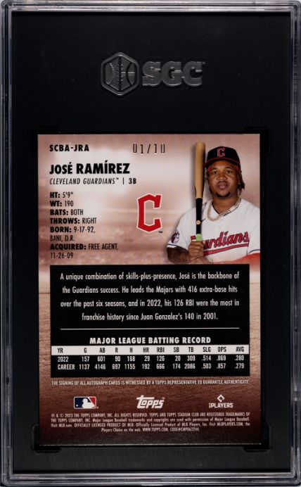 2023 Topps Stadium Club #SCBA-JRA Jose Ramirez Auto. Rainbow Foil SGC 9.5