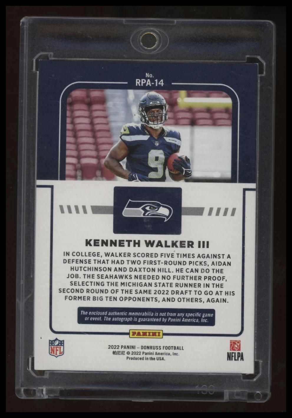 2022 Donruss Kenneth Walker III Rookie Phenom Jersey Autographs Prime #/49