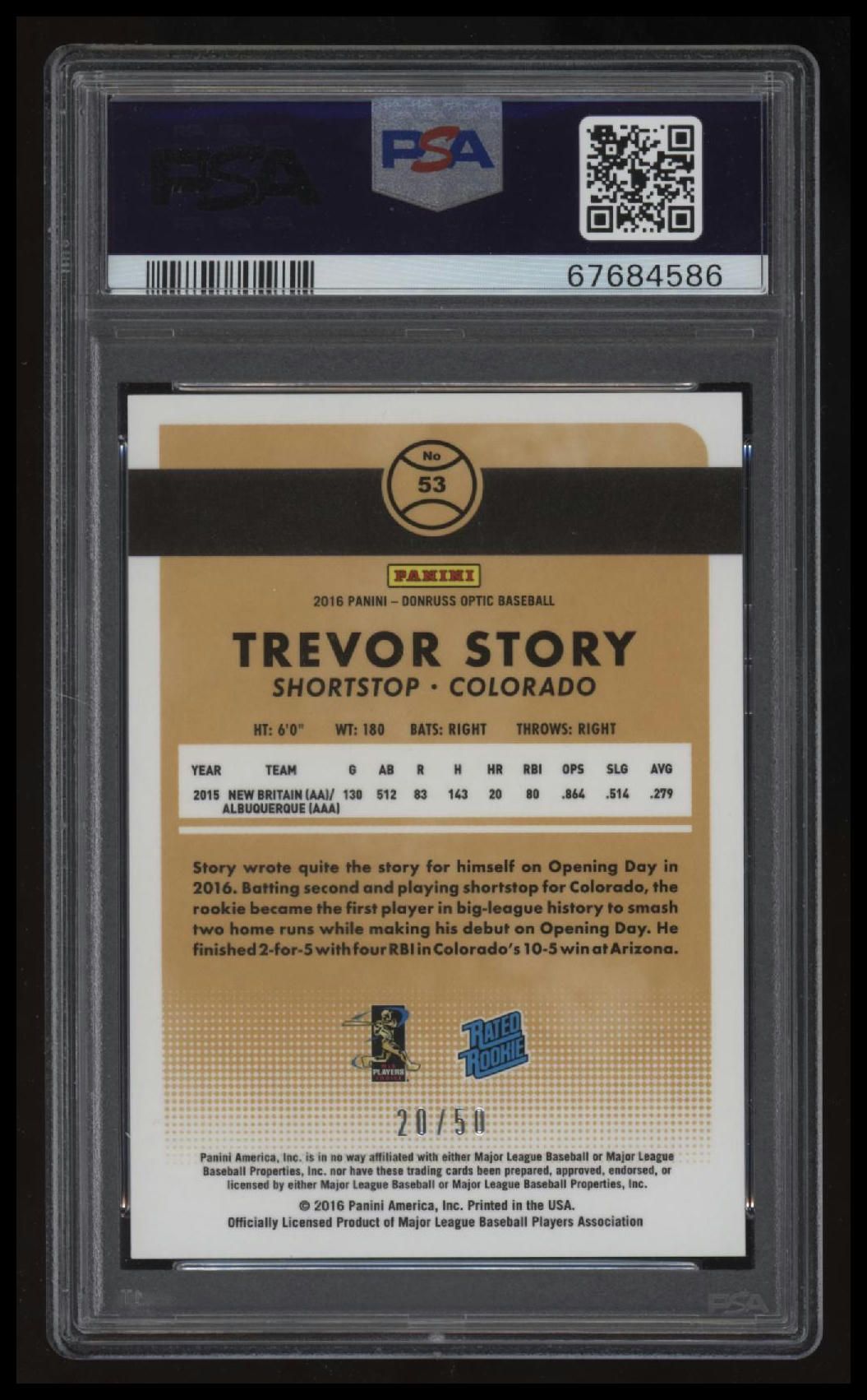 2016 Panini Donruss Optic #53 Trevor Story Carolina Blue PSA 9