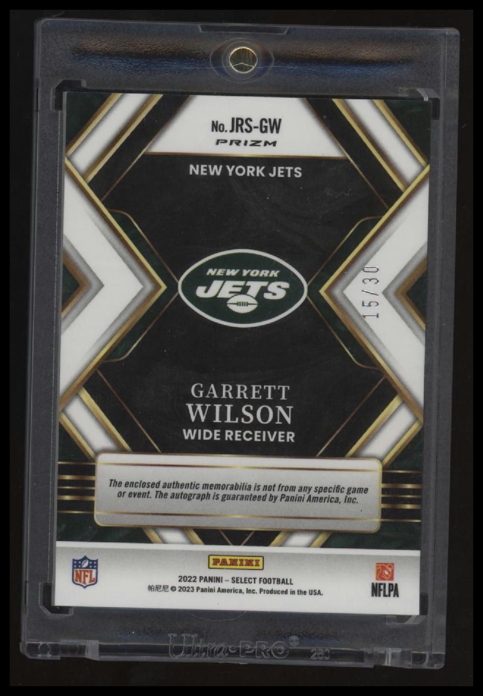 2022 Select Garrett Wilson Jumbo Patch Rookie Signature Neon Orange Pulsar /30