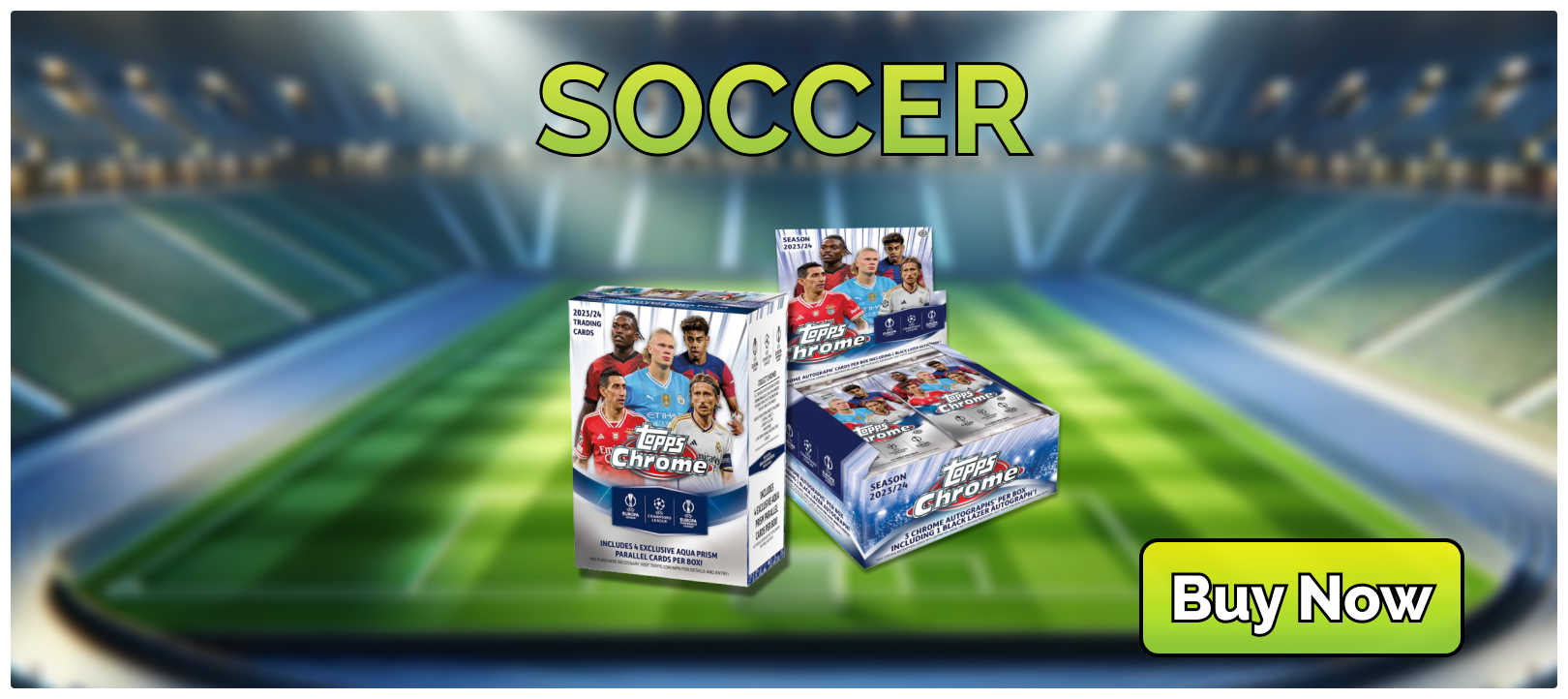 2023/24 Topps Chrome UEFA Club Competitions Soccer box collection featuring jumbo hobby box and blaster box | Skybox collectibles