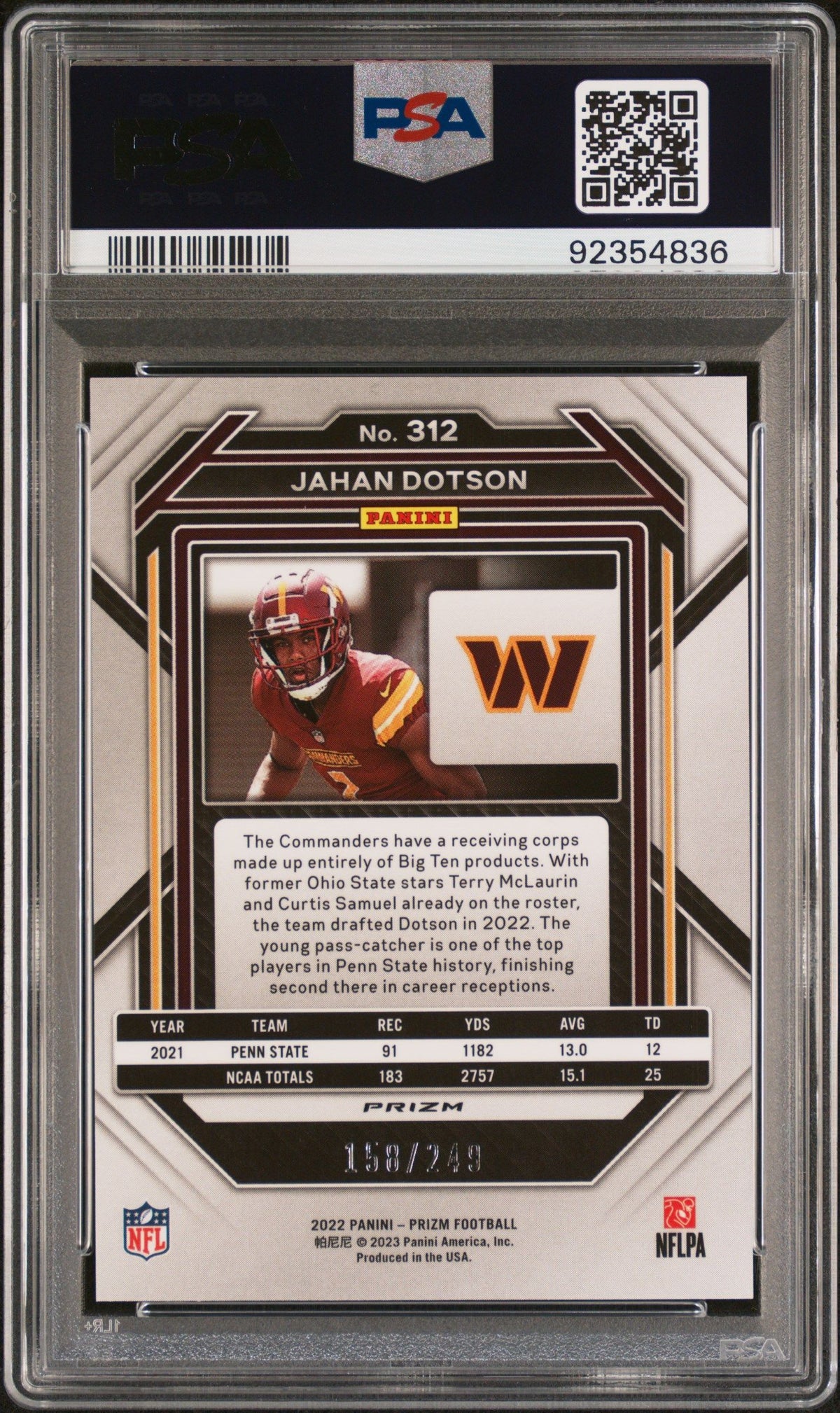 2022 Panini Prizm Jahan Dotson Orange Prizm PSA 9