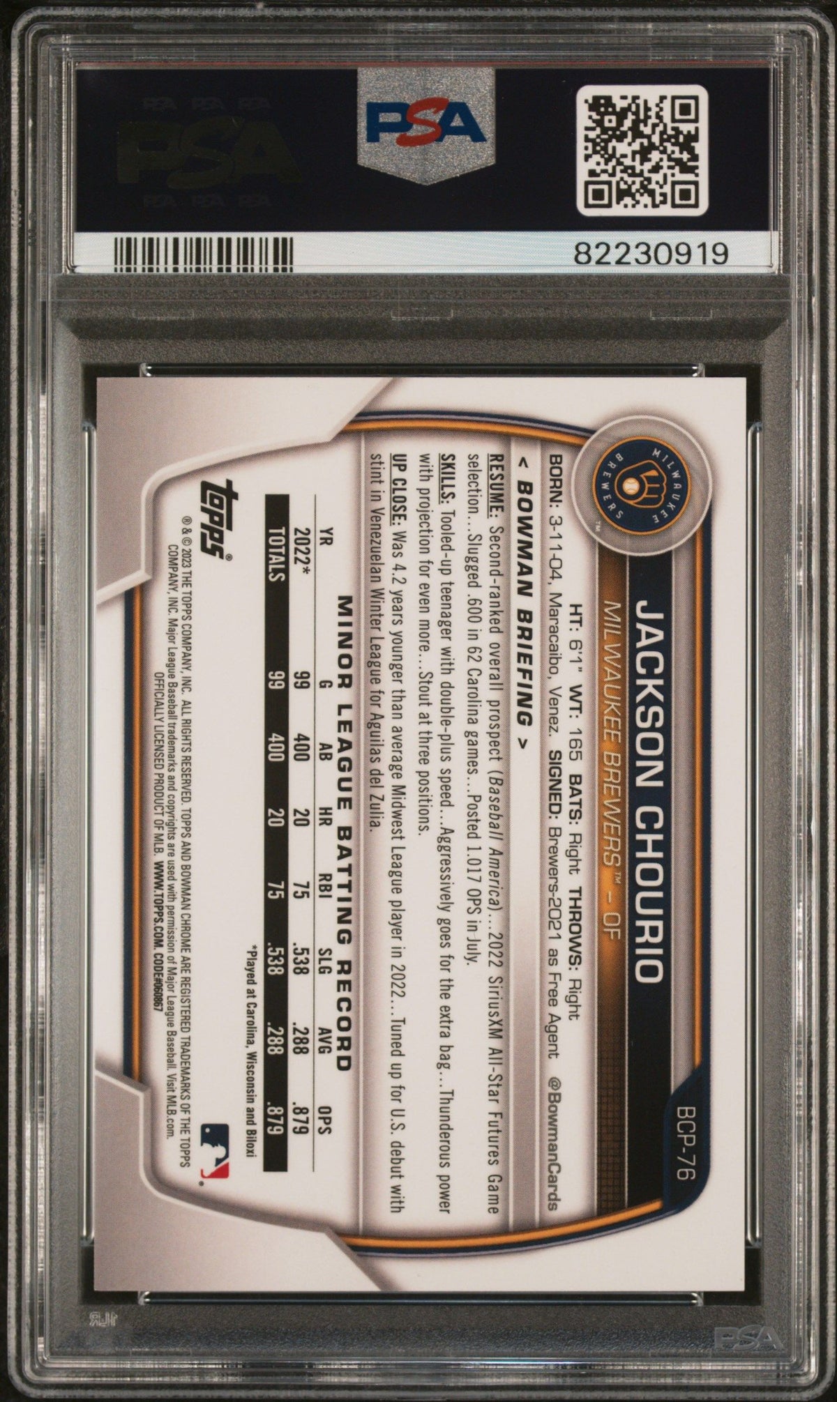 2023 Bowman Mega Box Chrome Jackson Chourio Chrome-Aqua PSA 10