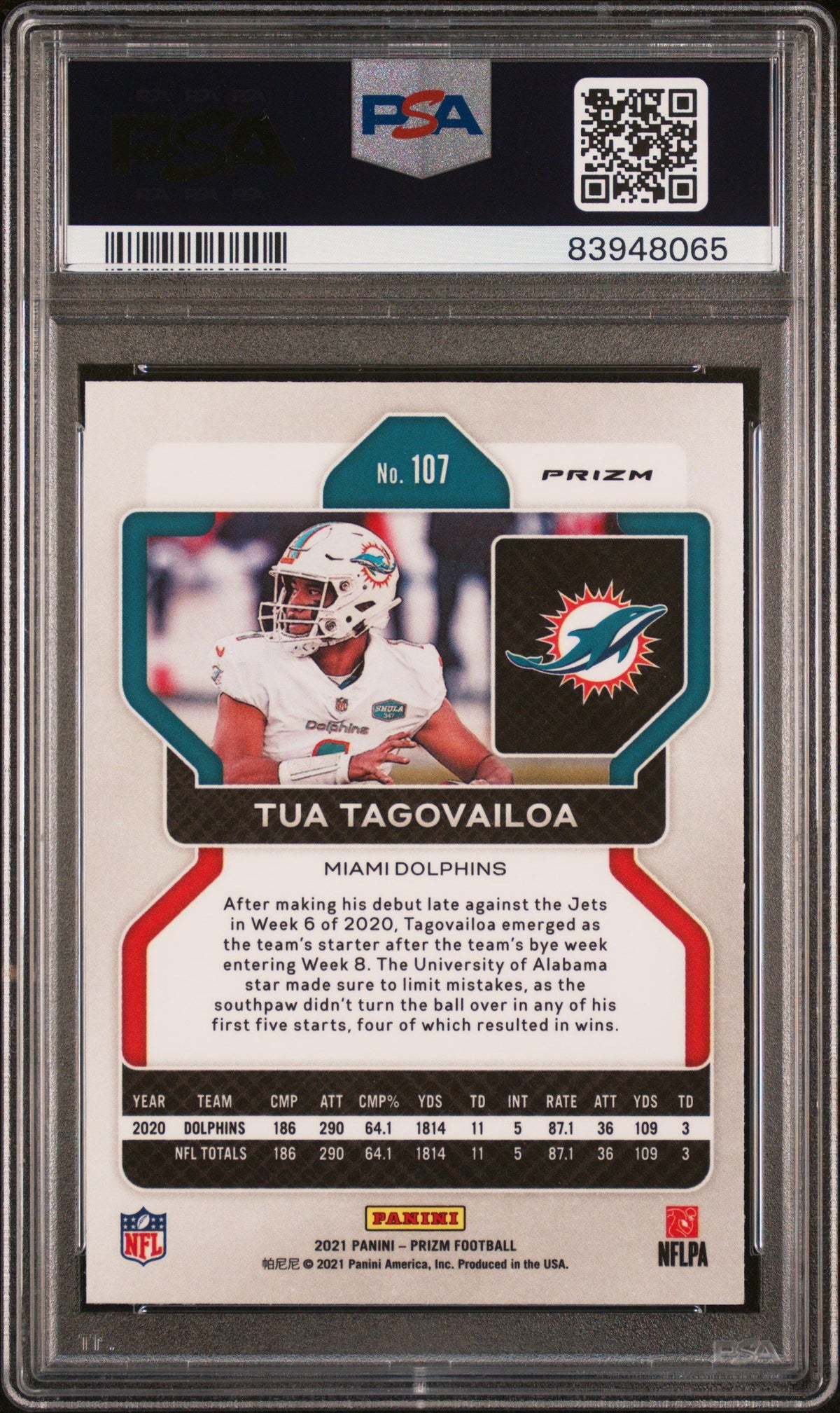 2021 Panini Prizm #107 Tua Tagovailoa Lazer Prizm PSA 10