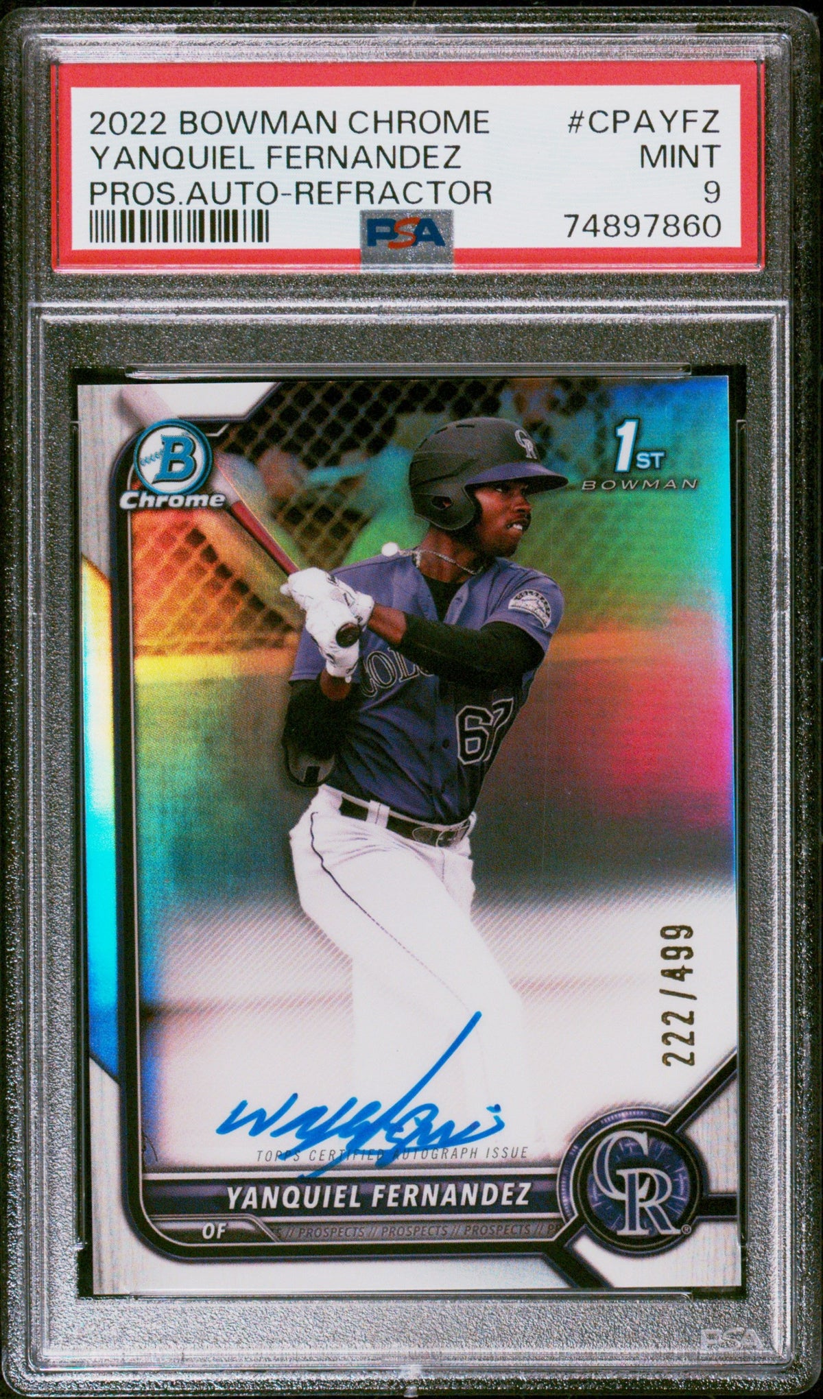 2022 Bowman Chrome #CPAYFZ Yanquiel Fernandez Pros.Auto-Refractor PSA 9