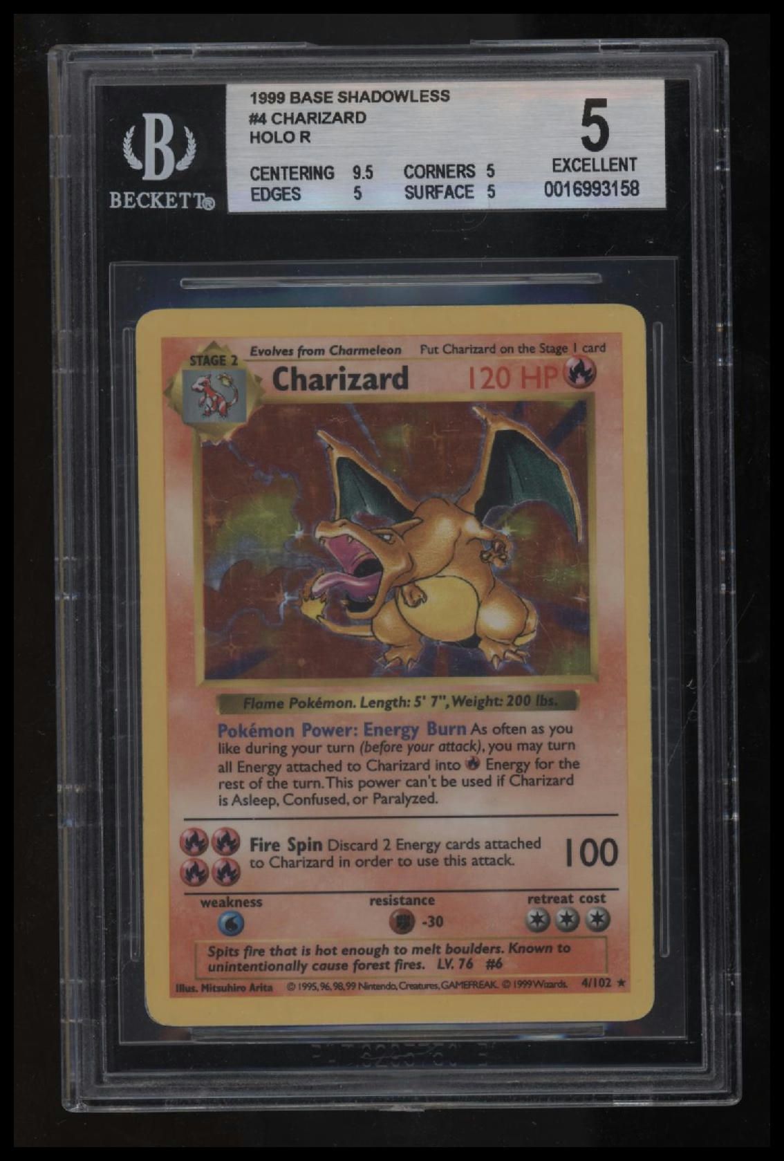 1999 Pokemon Base Shadowless Charizard HOLO R BGS 5.0