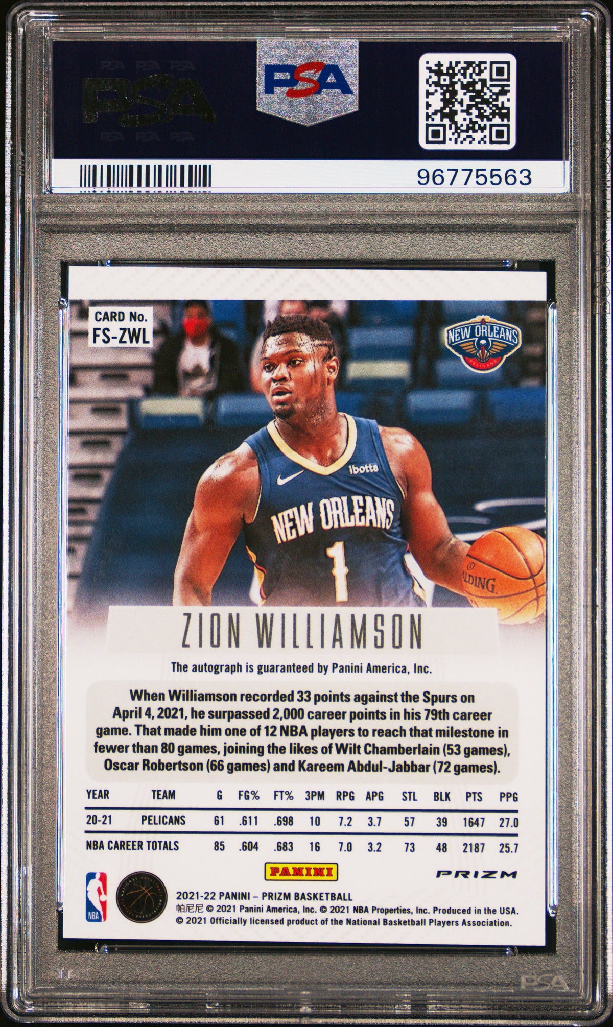 2021 Panini Prizm Flashback Signatures Zion Williamson Silver Prizm PSA 9