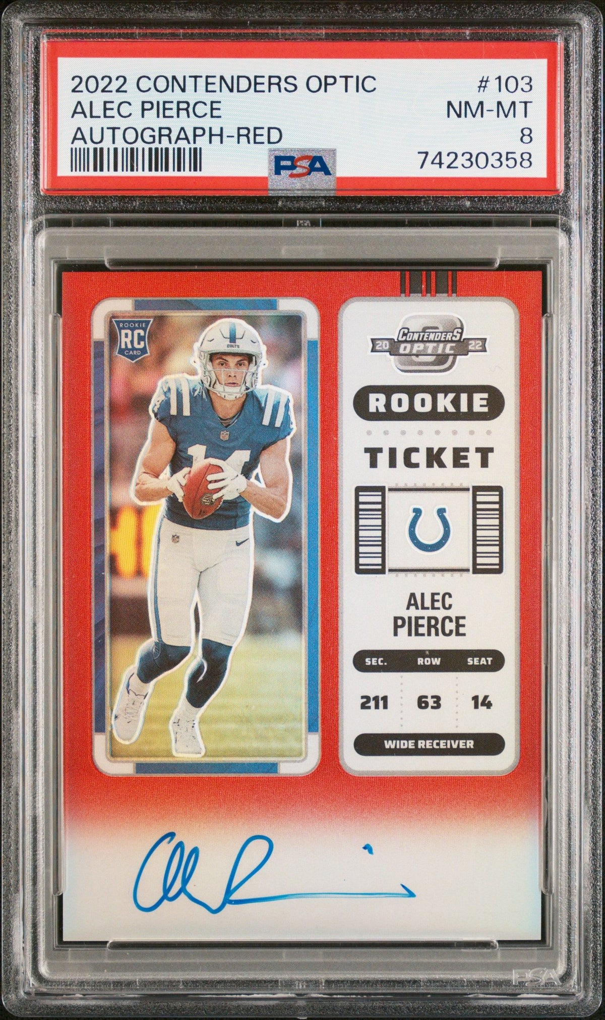 2022 Panini Contenders Optic #103 Alec Pierce Autograph-Red PSA 8