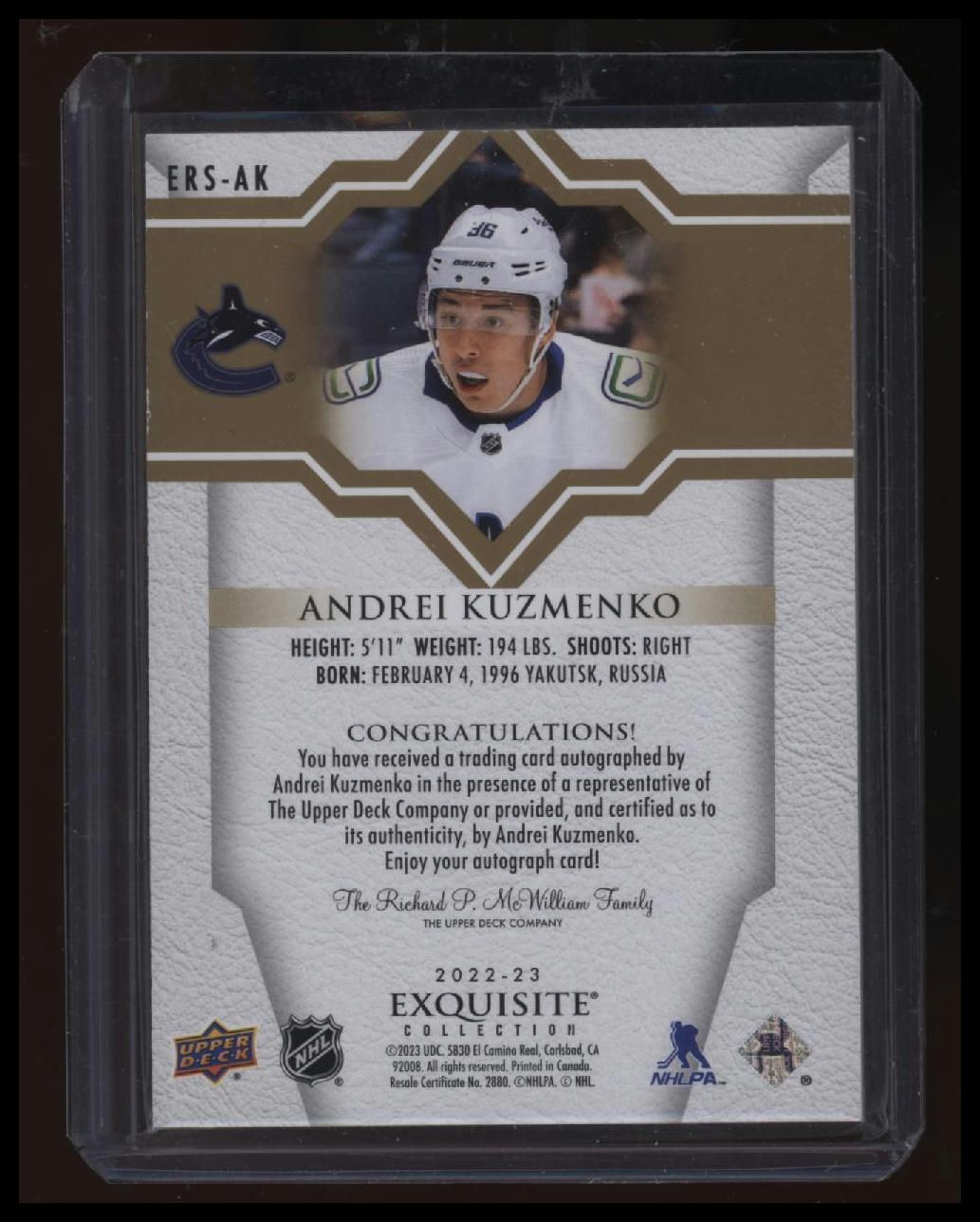 2022-23 UD Exquisite Collection Andrei Kuzmenko Rookie Signatures Gold /25