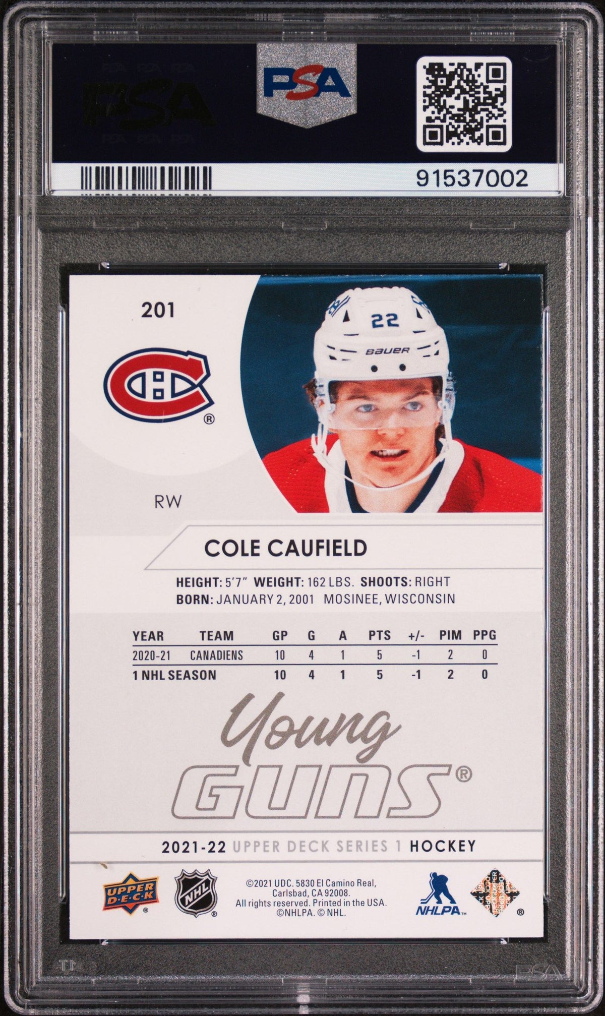 2021-2022 Upper Deck #201 Cole Caufield PSA 9