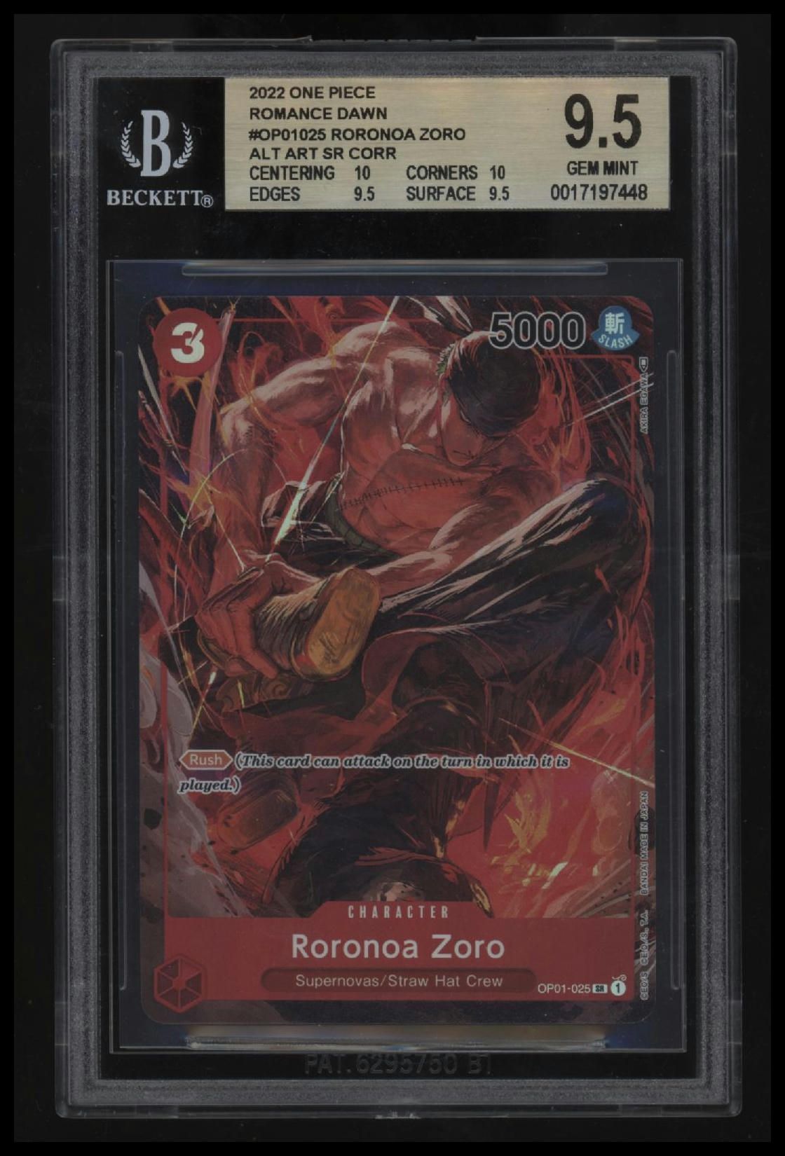 2022 One Piece Romance Dawn Roronoa Zoro ALT ART SR CORR BGS 9.5