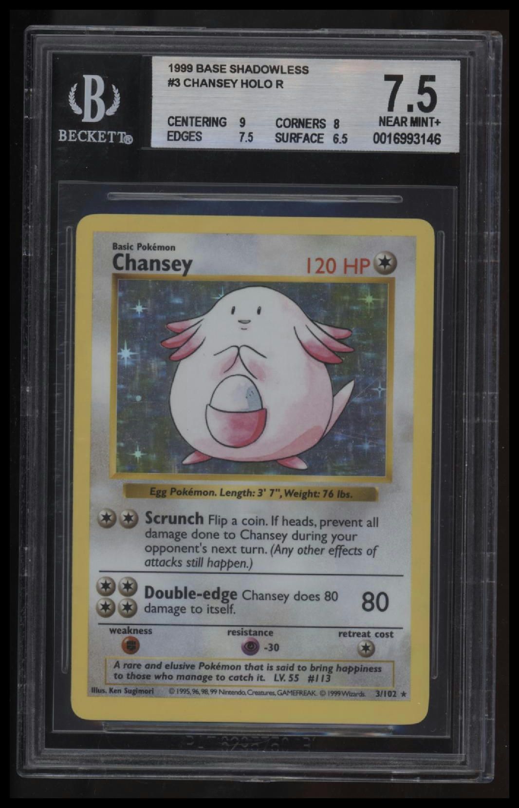 1999 Pokemon Base Shadowless Chansey HOLO R BGS 7.5