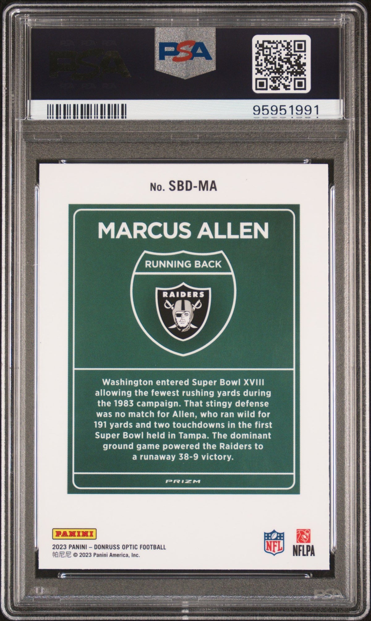 2023 Panini Donruss Optic Super Bowl Downtown Marcus Allen PSA 10