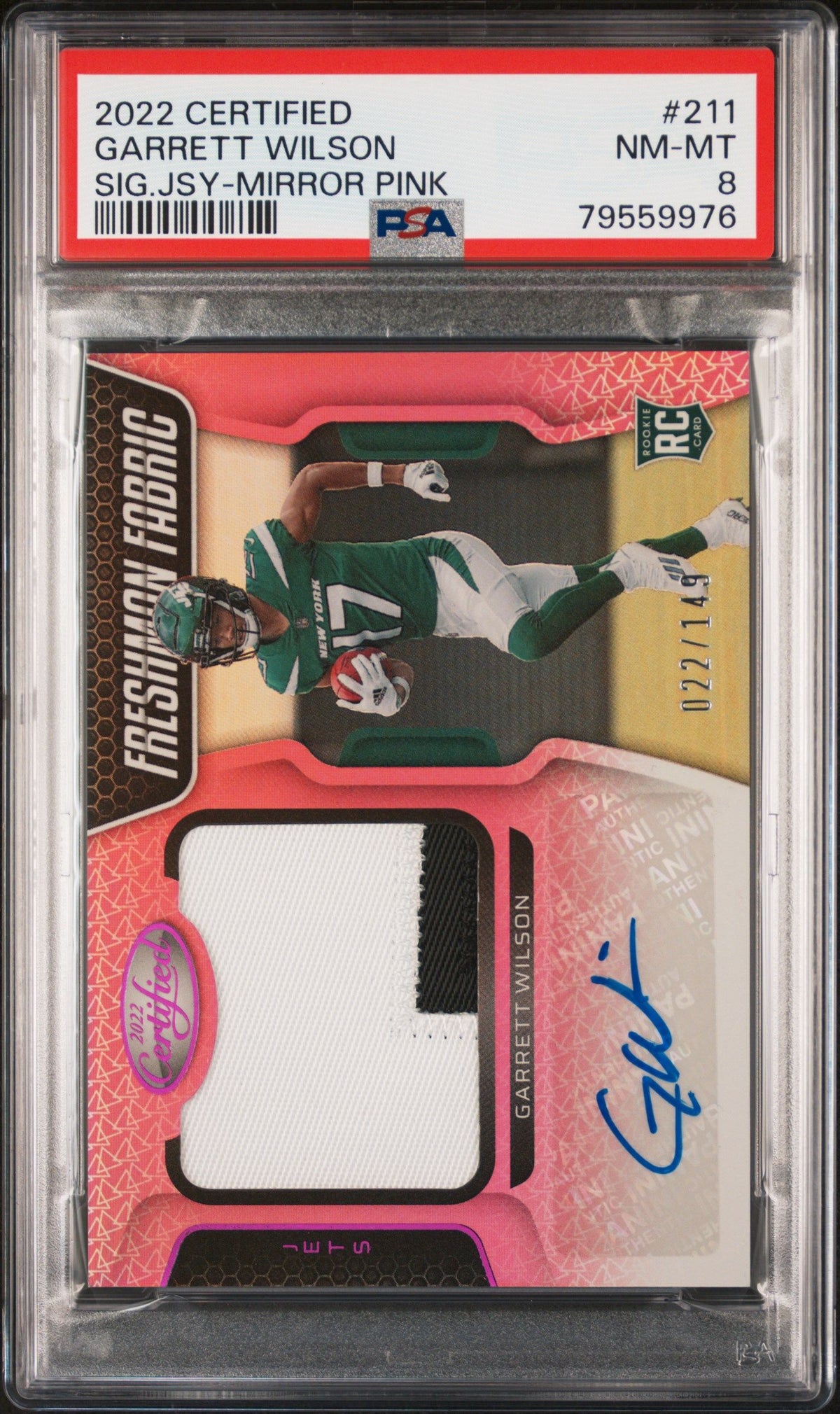 2022 Panini Certified Garrett Wilson Sig.Jsy-Mirror Pink PSA 8