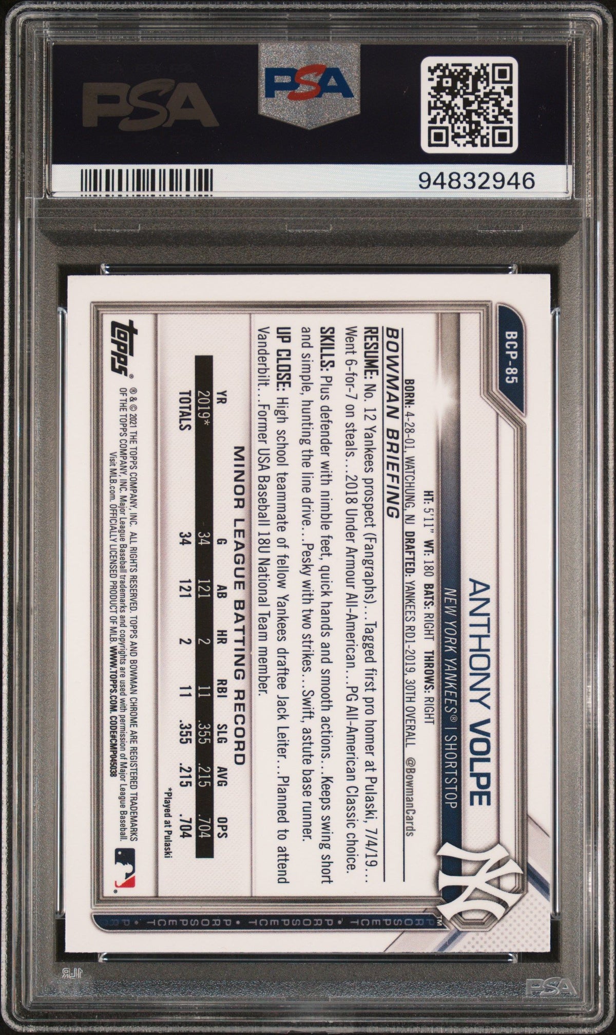 2021 Bowman Sapphire Edition Anthony Volpe Chrome Prospects PSA 10