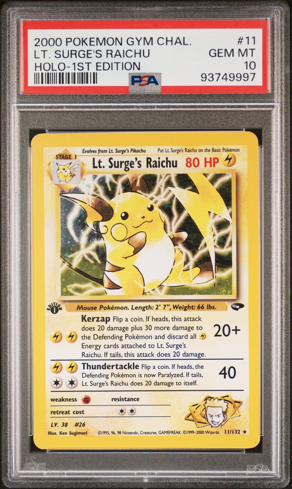 2000 Pokemon Gym Challenge Lt. Surge&#39;S Raichu Holo-1st Edition PSA 10