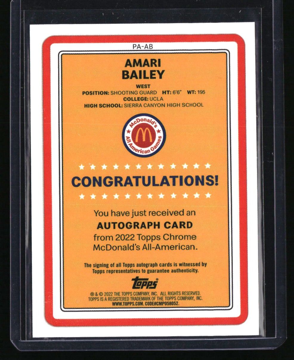 2022 Topps Chrome McDonald&#39;s All American Amari Bailey Gameday Paper Autographs