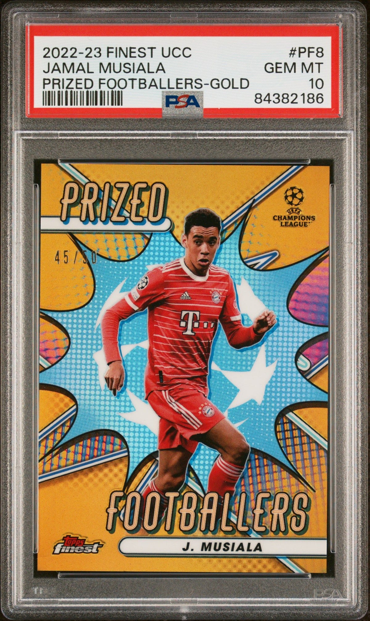 2022-23 Topps Finest Uefa Prized Footballers Jamal Musiala Gold PSA 10