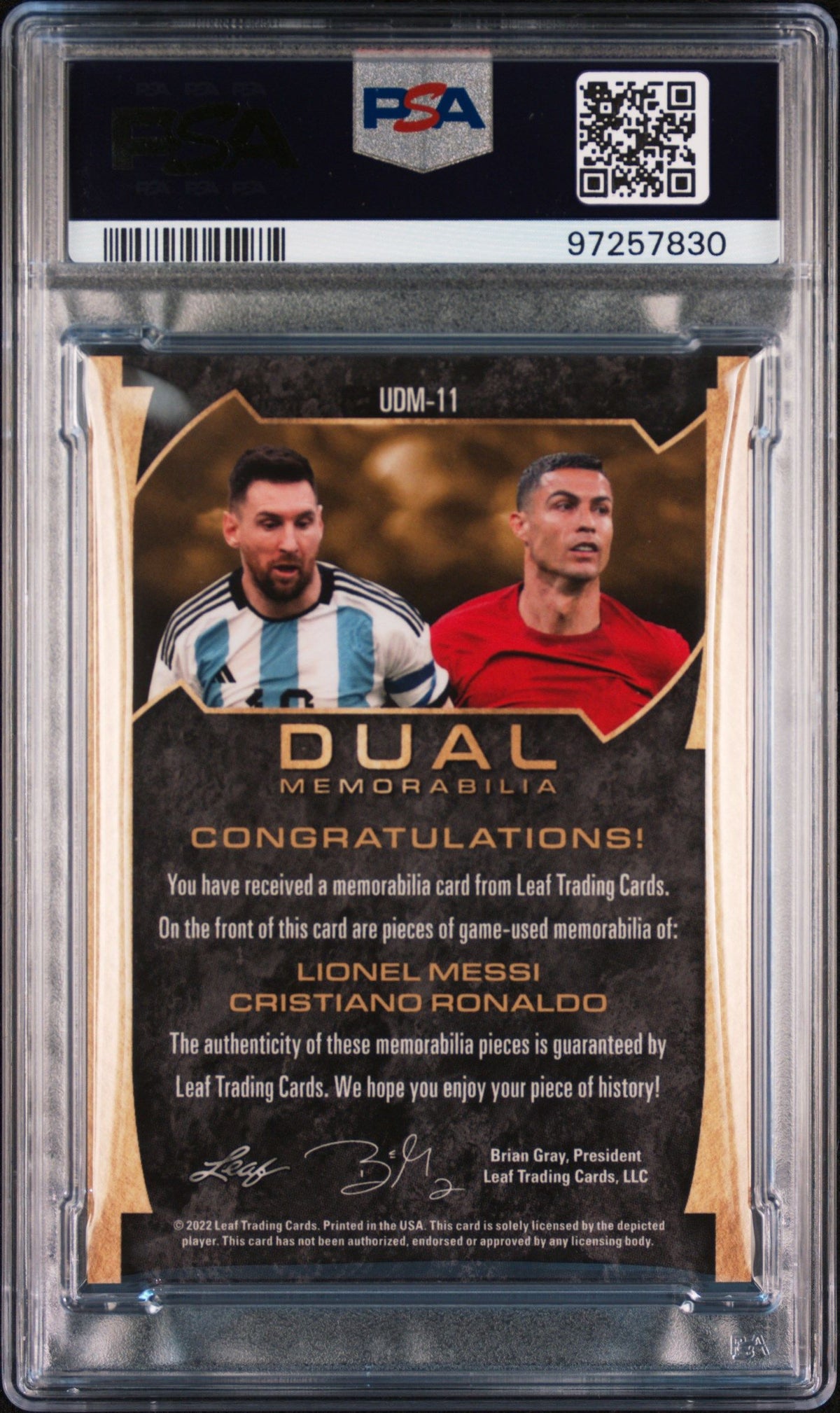 2022 Leaf Ultimate Dual Memorabilia Messi/Ronaldo Navy PSA 8