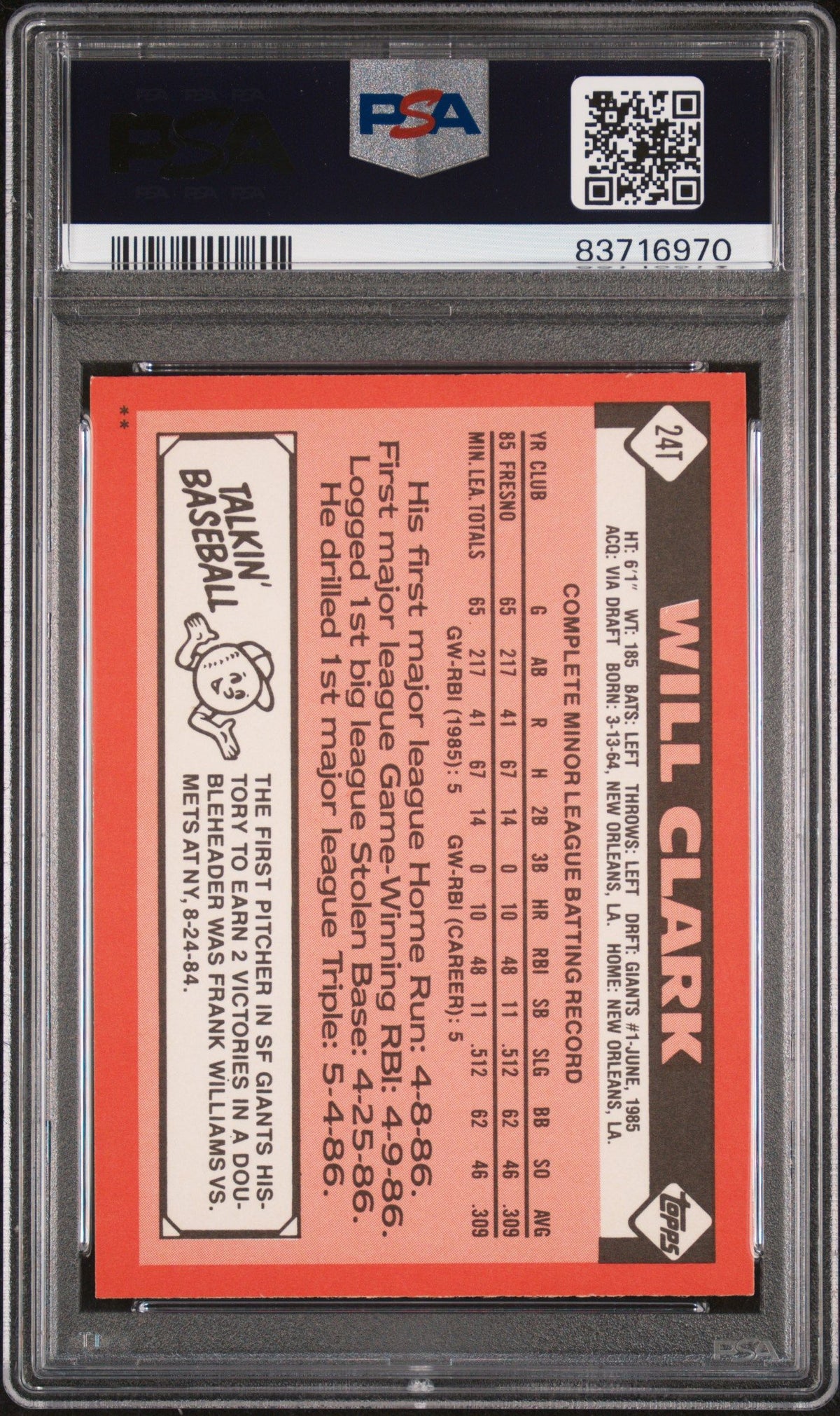 1986 Topps Traded Will Clark PSA 9