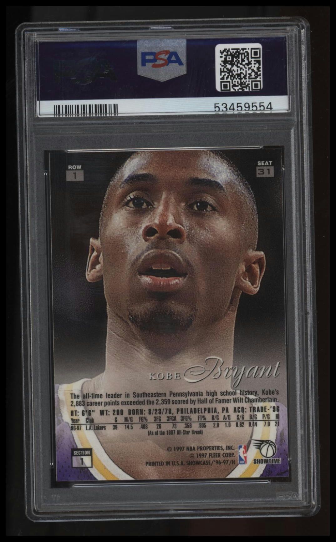 1996 Flair Showcase Kobe Bryant Row 1 PSA 9