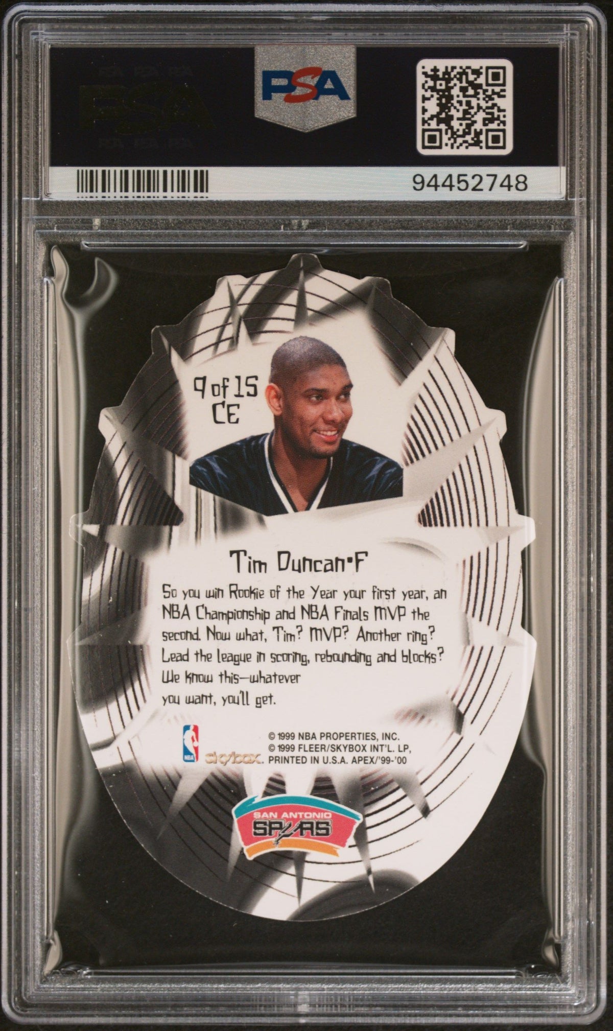 1999 Skybox Apex Cutting Edge Tim Duncan Cutting Edge PSA 9