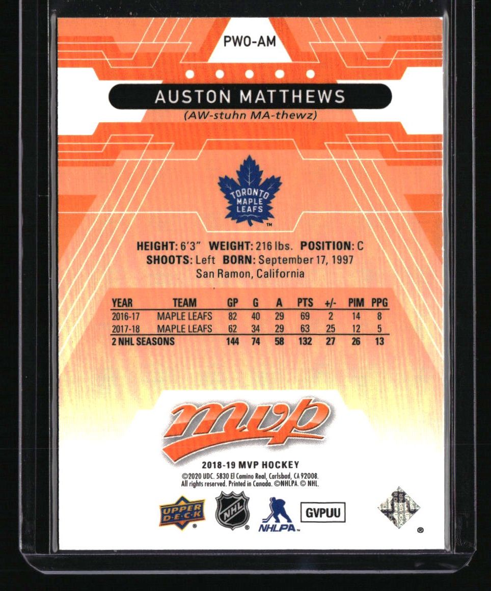 2018-19 Upper Deck MVP Auston Matthews Pack Wars Orange Achievements #/10