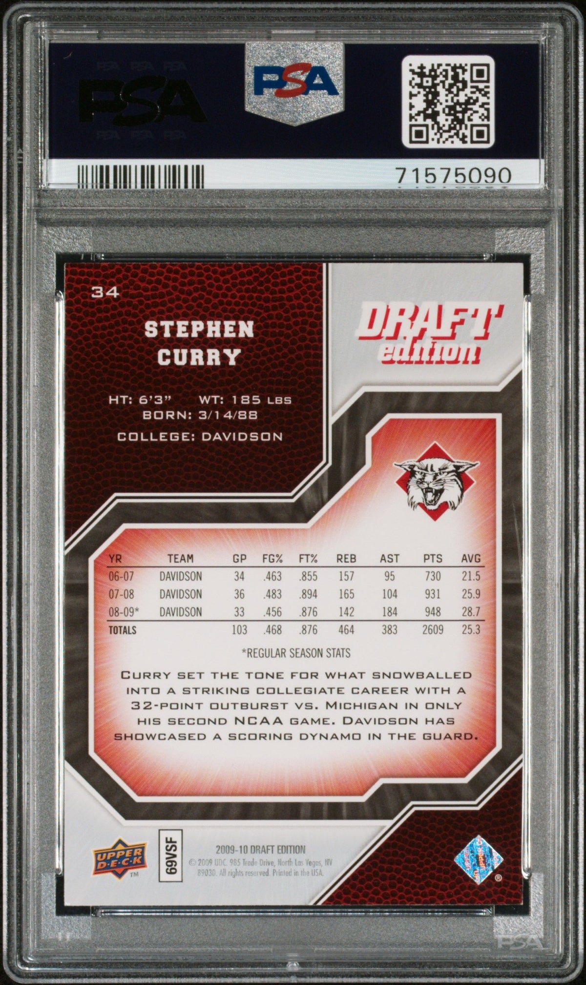 2009 Upper Deck Draft Edition Stephen Curry PSA 9