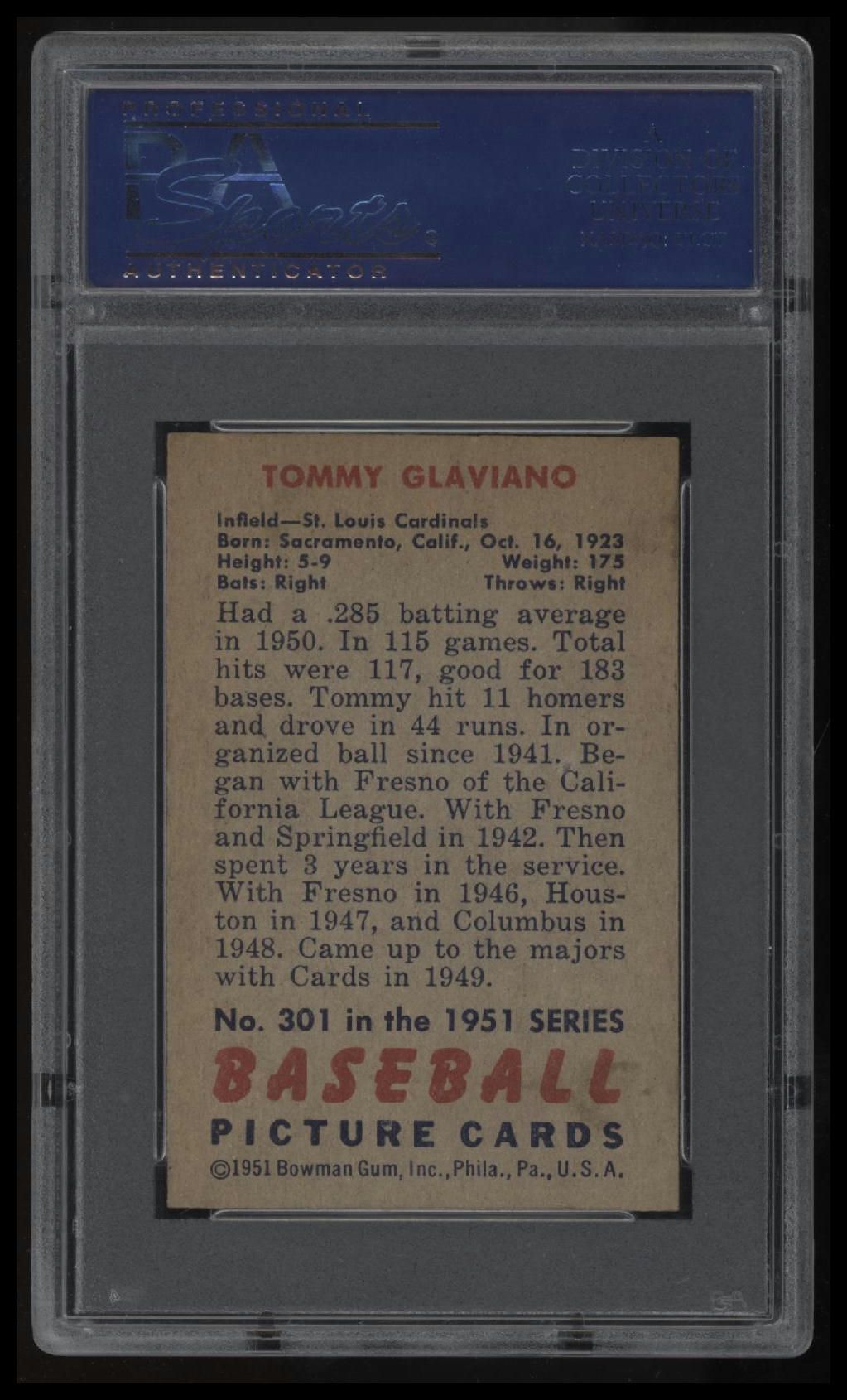 1951 Bowman #301 Tommy Glaviano PSA 8