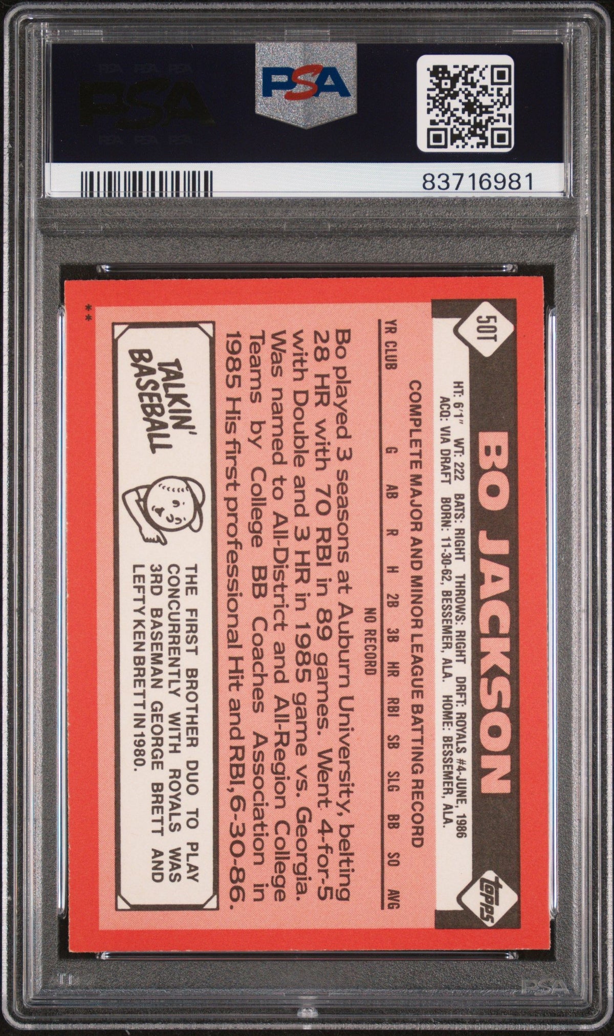 1986 Topps Traded #50T Bo Jackson PSA 4