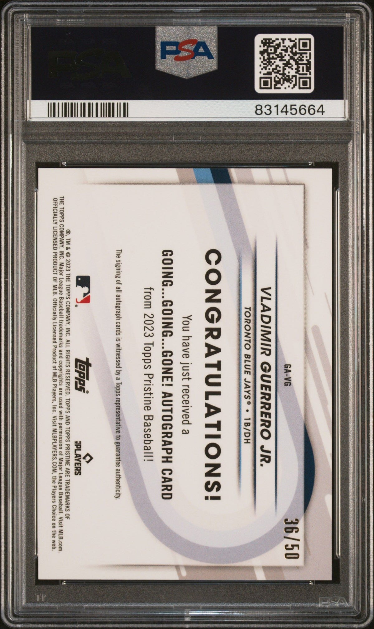 2023 Topps Pristine Going, Going, Gone! Vladimir Guerrero Jr. Auto Gold PSA 10