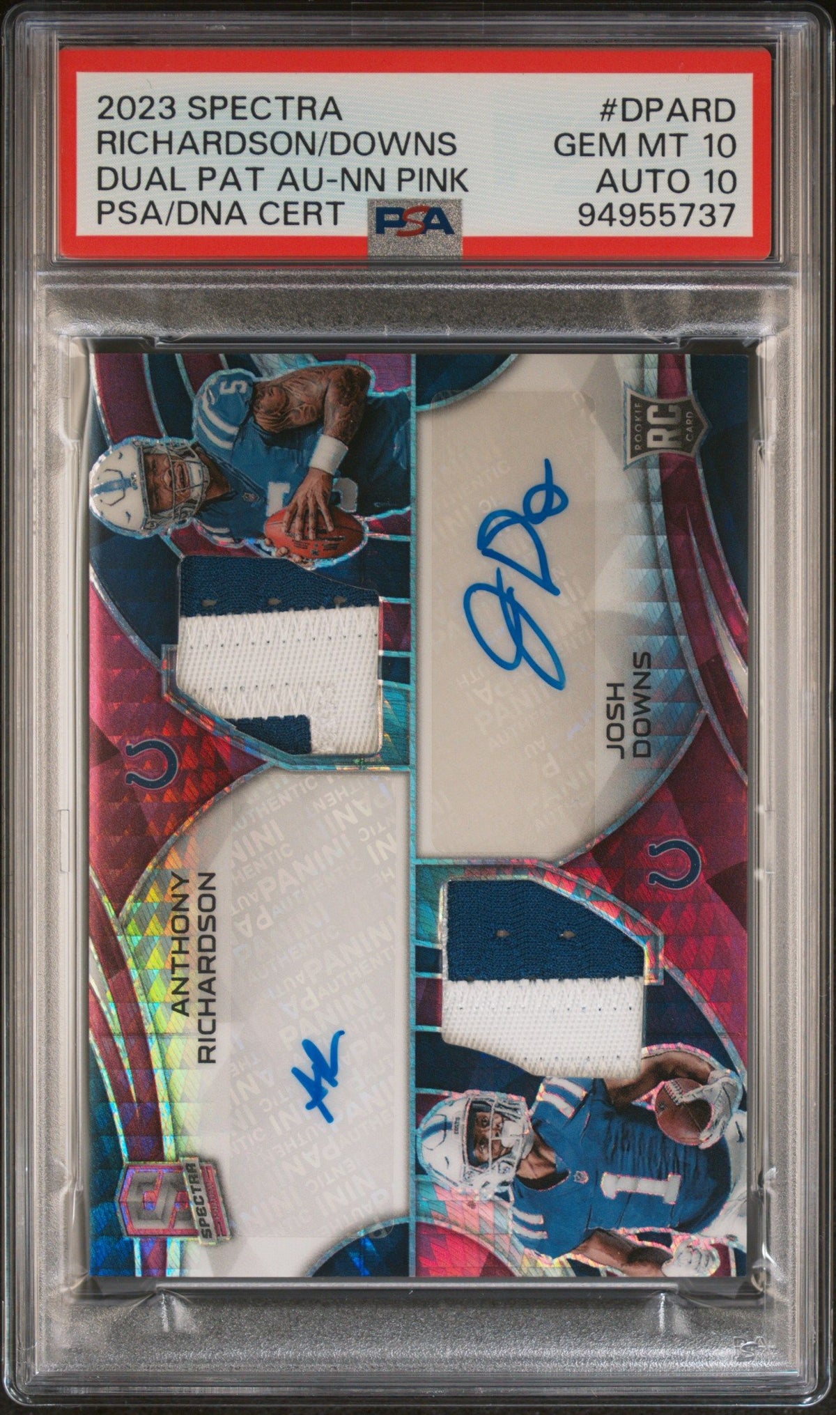 2023 Spectra Anthony Richardson Josh Downs Dual Patch Auto Pink /25 PSA 10