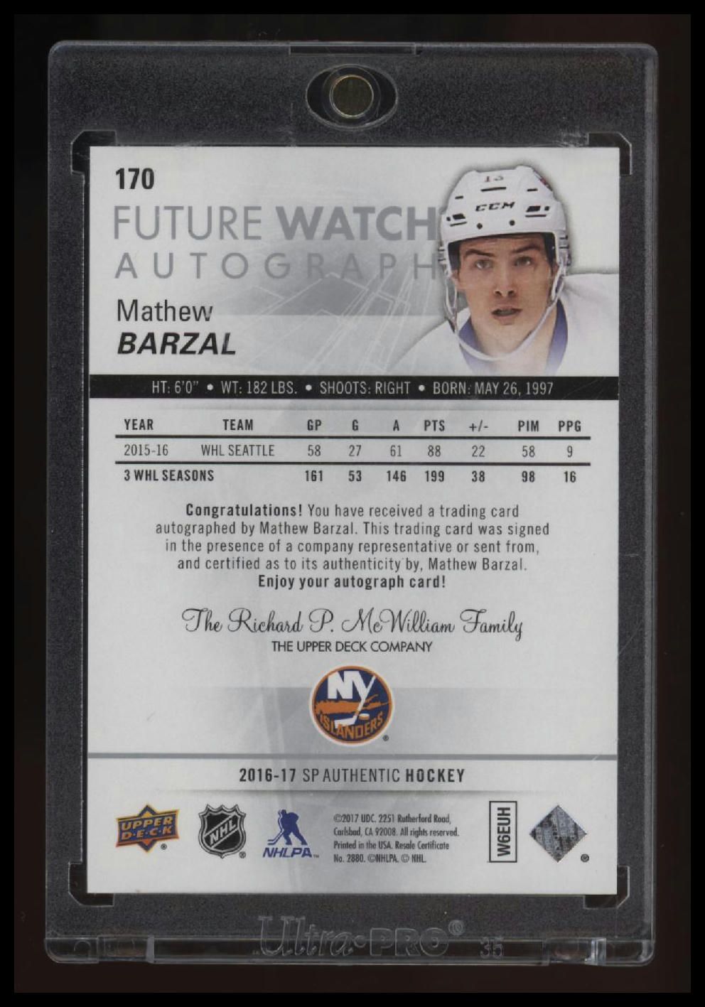 2016-17 SP Authentic Mathew Barzal #/999