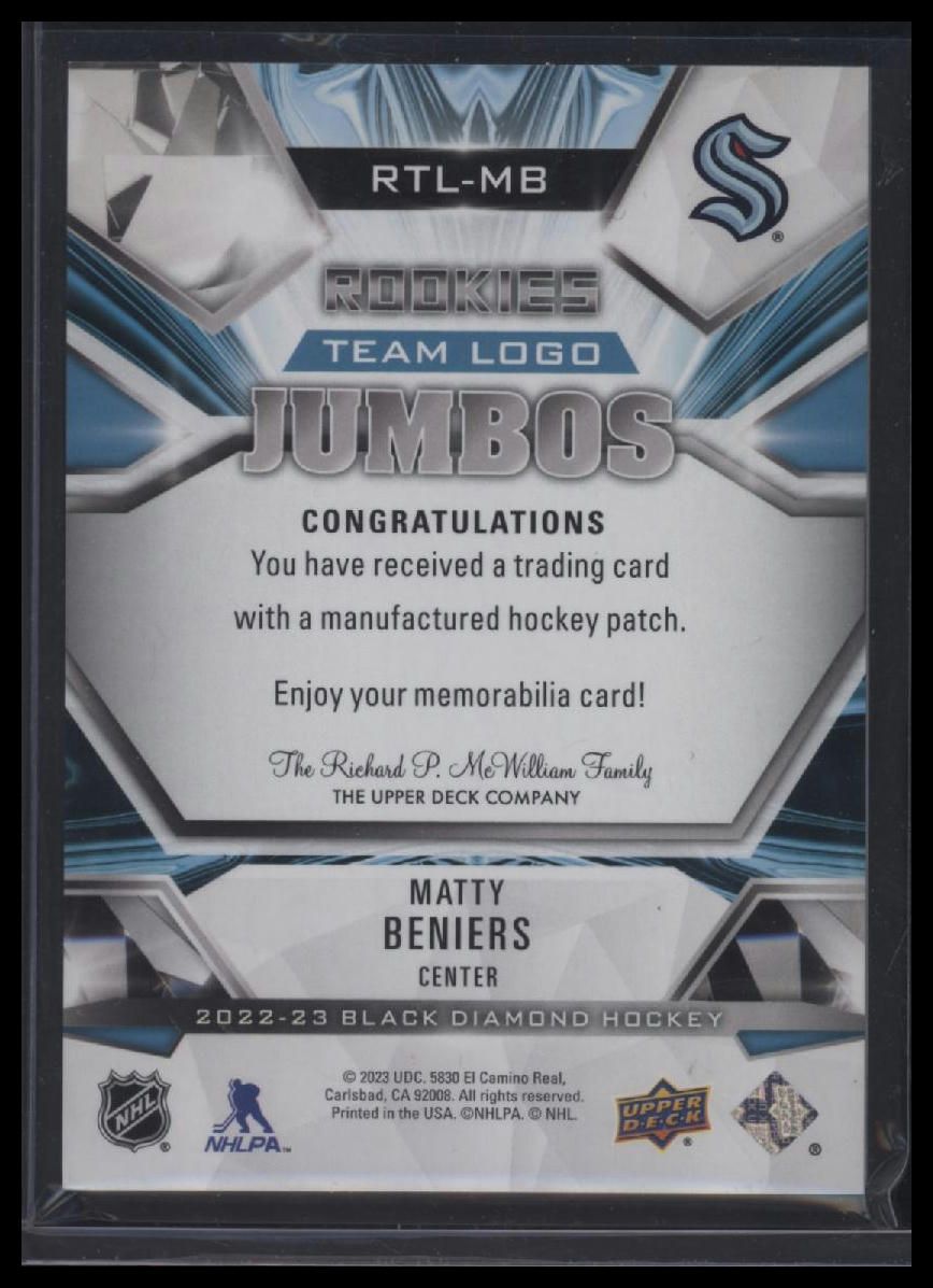 2022-23 Upper Deck Black Diamond Matty Beniers Rookie Team Logo Jumbo Patches