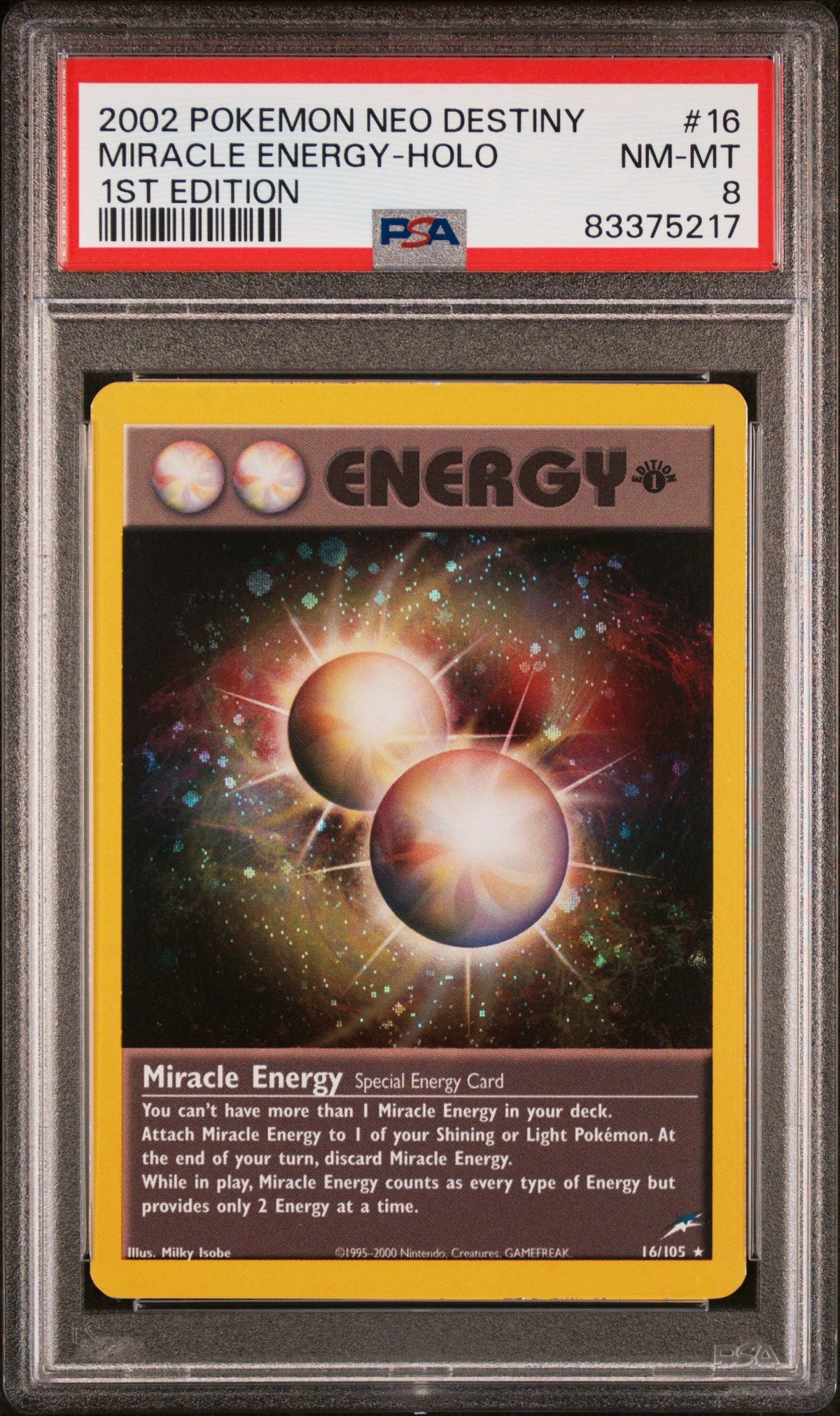 2002 Pokemon Neo Destiny Miracle Energy-Holo 1st Edition PSA 8