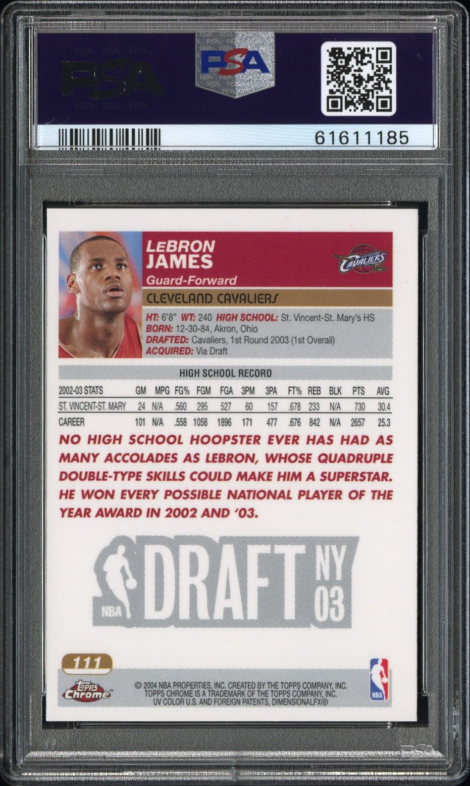 2003 Topps Chrome Lebron James PSA 9