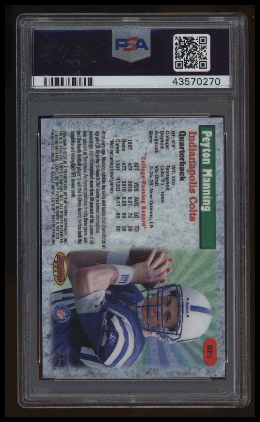 1998 Bowman&#39;S Best Best Performers Peyton Manning Best Performers PSA 10