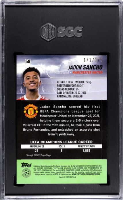 2021-22 Topps Stadium Club Chrome Ucl Jadon Sancho Night Vision Prism SGC 10