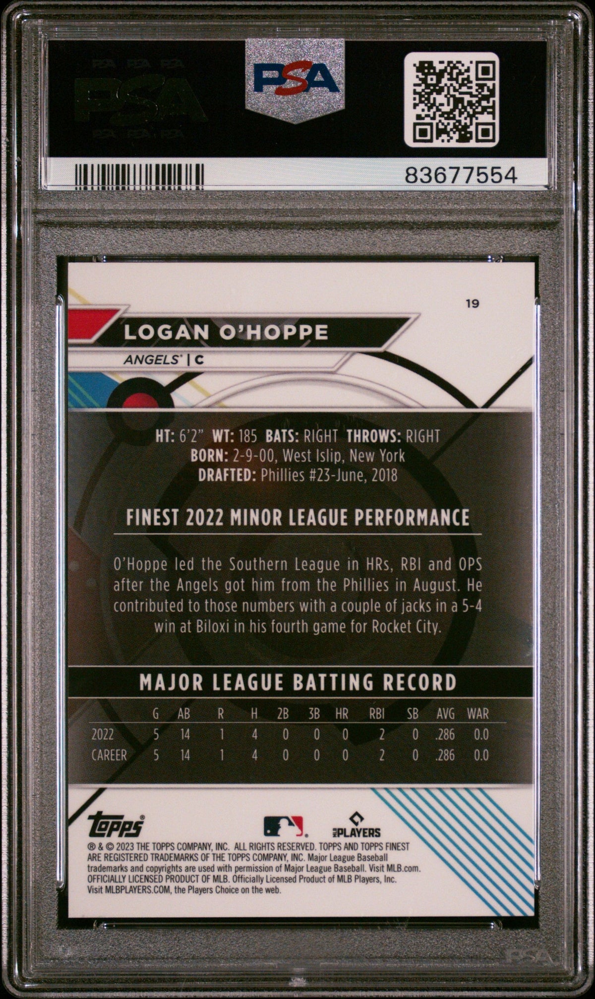 2023 Topps Finest #19 Logan O&#39;Hoppe Green Lava PSA 10